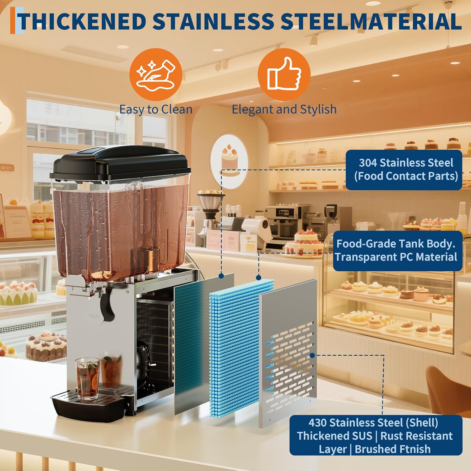 Commercial Beverage Dispenser, 4.76 Gallon/18L Juice Dispensers with 1 Tank, 150W Stainless Steel Ice Tea Dispensers with Thermostat Control, Stirring Cold Drinks, for Cafe Restaurant Bar Party - Image 4