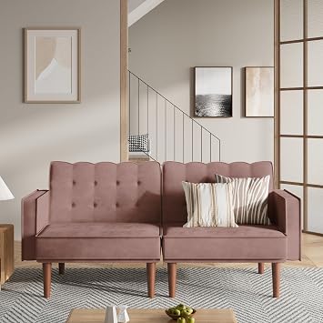 Furnify 71" Velvet Futon Sofa Bed, Versatile Loveseat Couch, Sleeper Sofa with Adjustable Backrest, Mid Century Modern Futon Couch for Small Space, Living Room, Office & Apartment, Velvet Fabric Pink