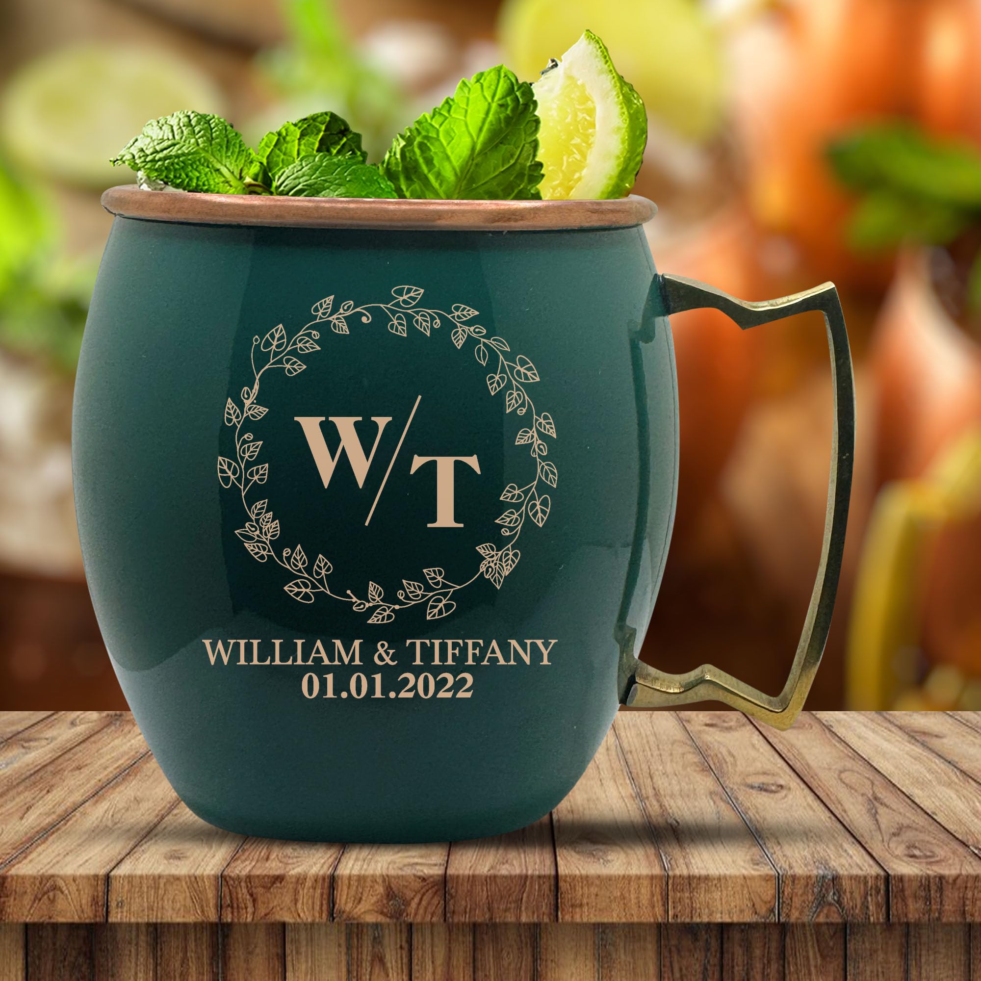 Custom Copper Moscow Mule with Smooth Painted Finish - Engraved Bar Style 100% Copper Cup with Personalized Floral Border Wedding Themed Engraving, Brass Handle | 18 oz, Green | Set of 2