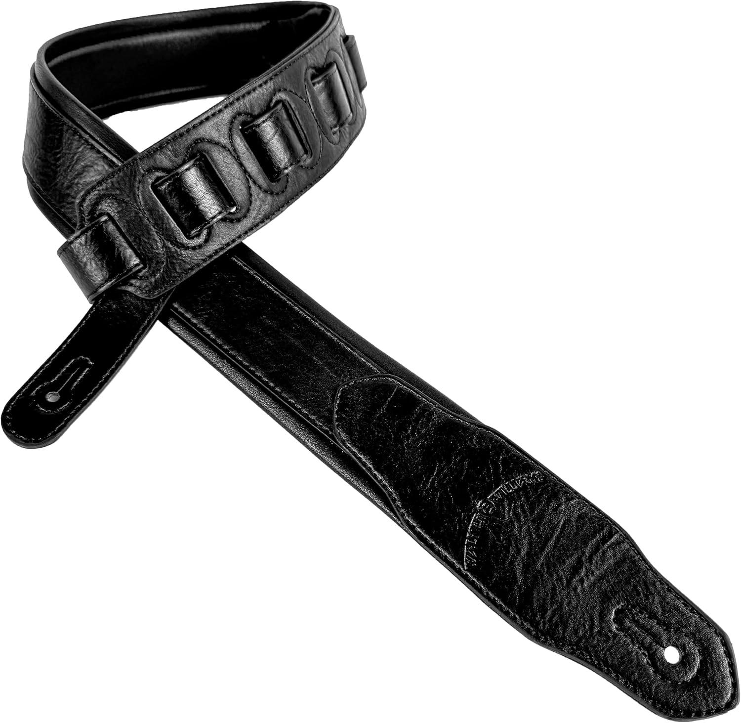 Walker & Williams G-105 Black on Black 2' Wide Guitar Strap with Padded Glove Leather Back For Acoustic, Electric, And Bass Guitars
