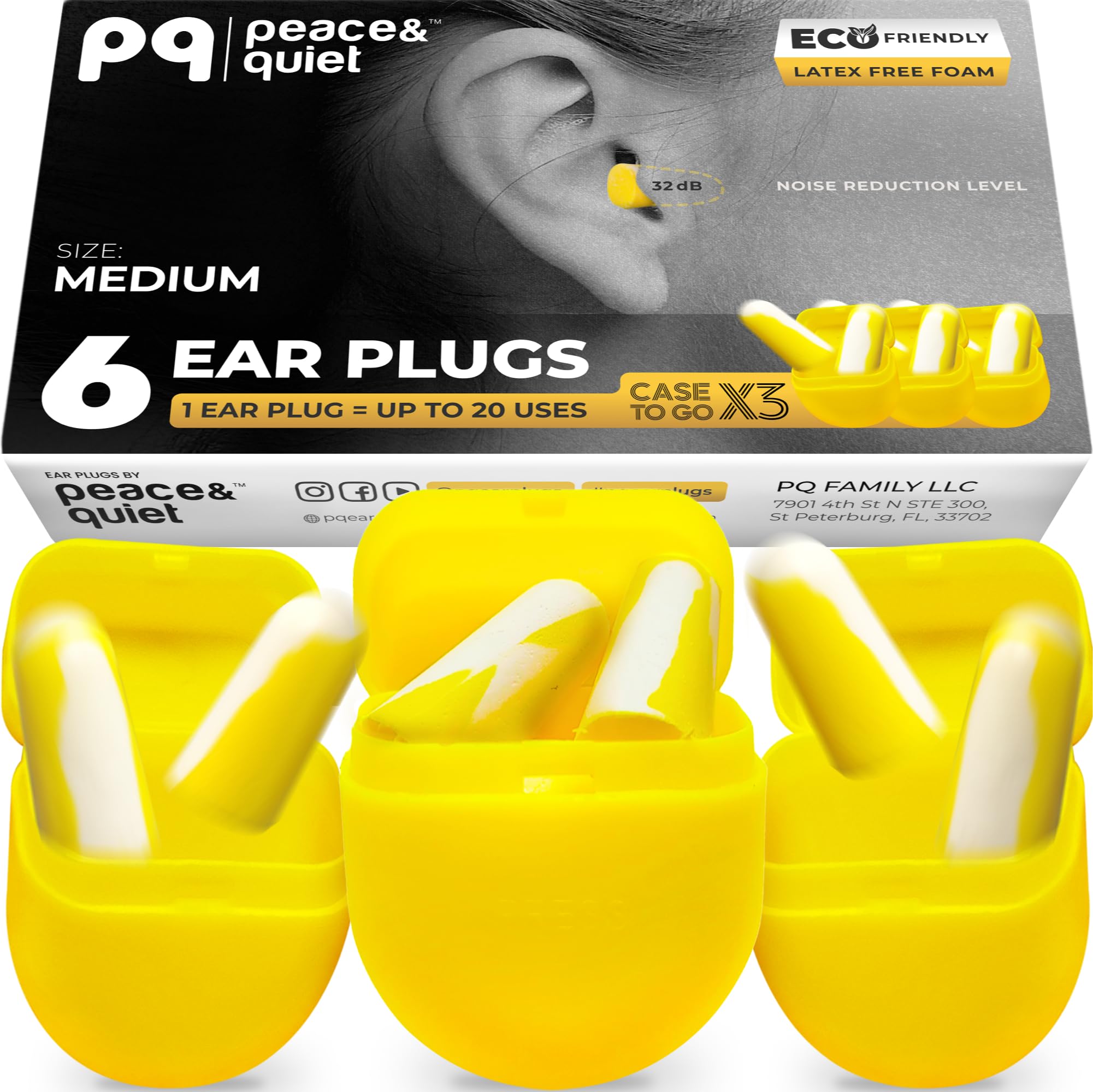 PQ Medium Ear Plugs for Sleep - 6 Medium Foam Earplugs for Sleeping. Noise Cancelling 32 dB, Sound Blocking, Premium Soft Earplugs for Women and Men, Ear Plugs to Block Snoring
