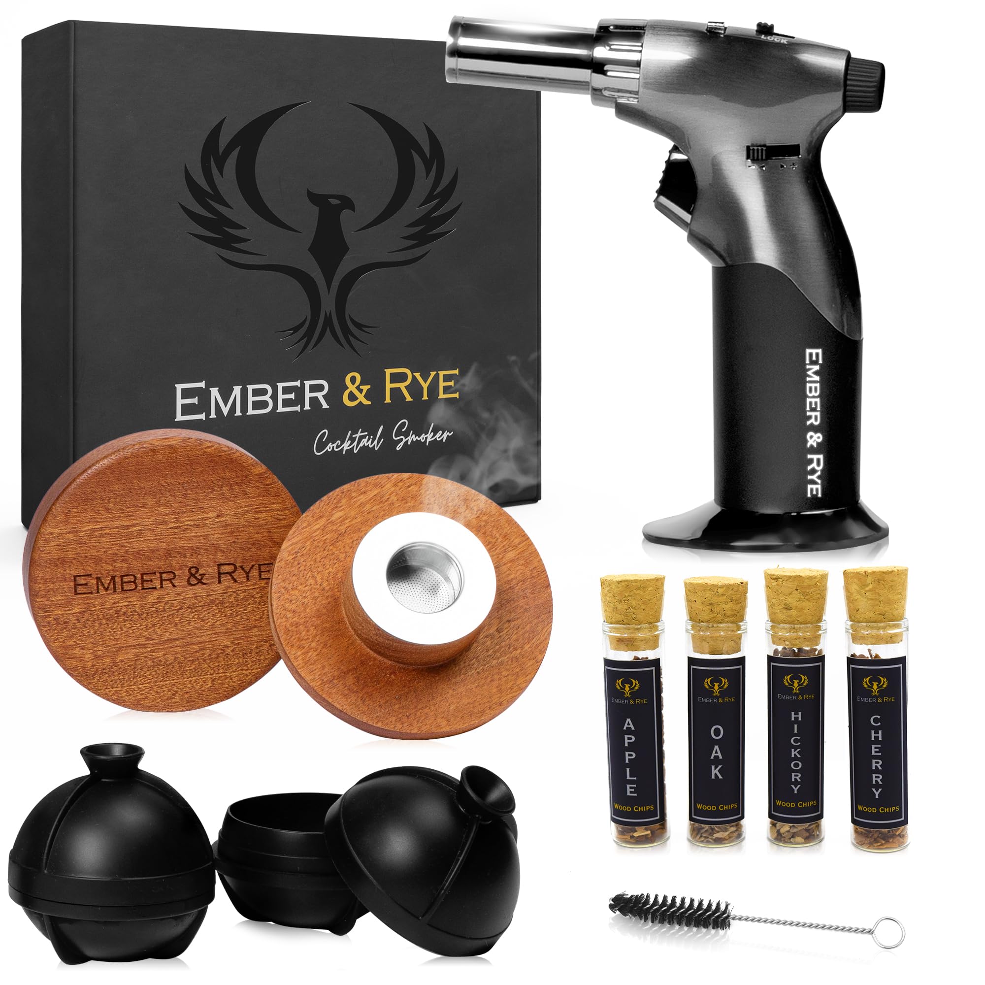 Whiskey Smoker Kit - Cocktail Smoker Kit with Torch - Old Fashioned Smoker Kit with 4 Flavors Wood Chips - Bourbon Smoker Kit and 2 Ice Molds (Butane Not Included)