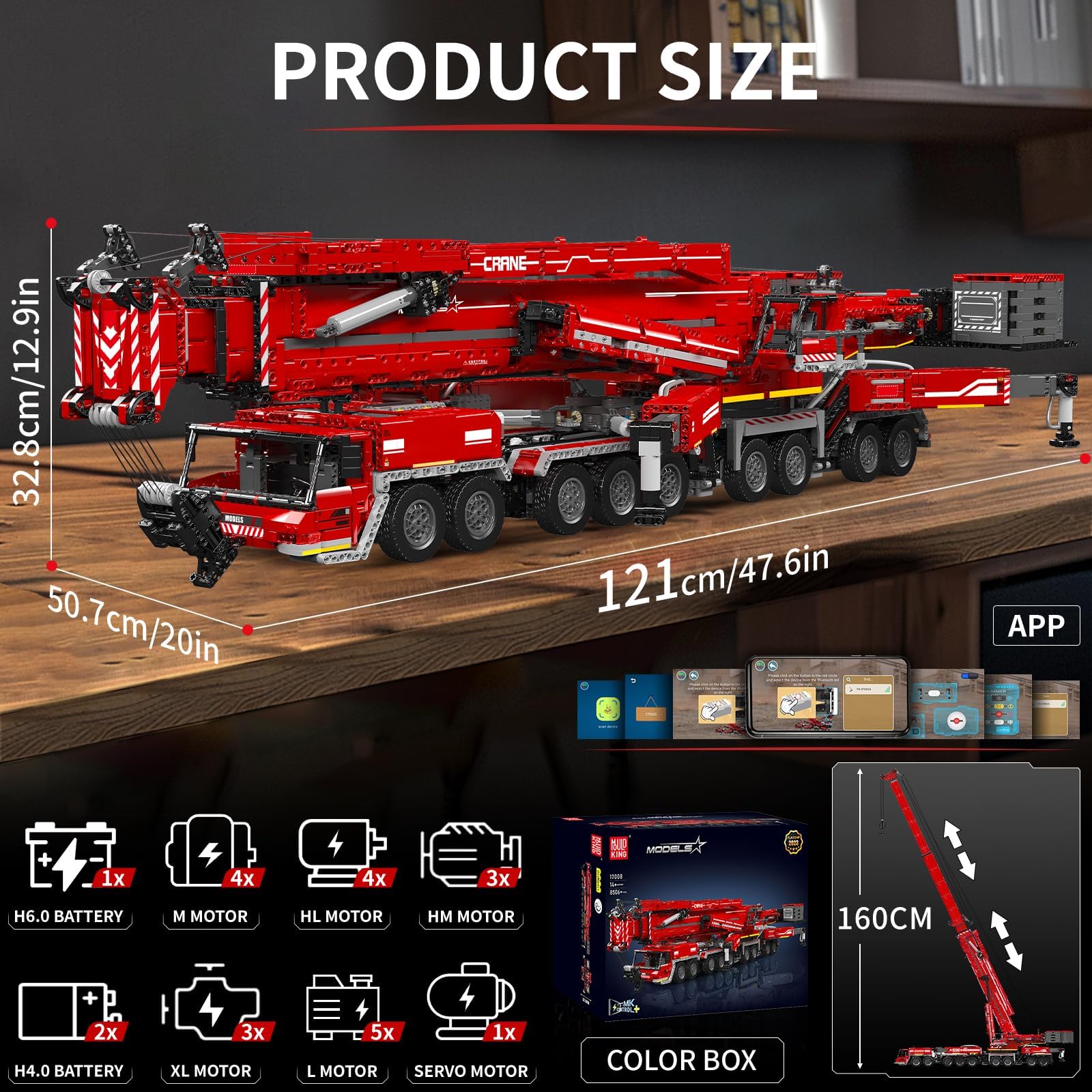 Mould King 17008 Red Heavy Crane Model Building Set, 8506 Pezzi Kit Motorizzato Veicolo Costruzione con APP e Telecomando, Progetto di Ingegneria Meccanica per Collezionisti Adulti