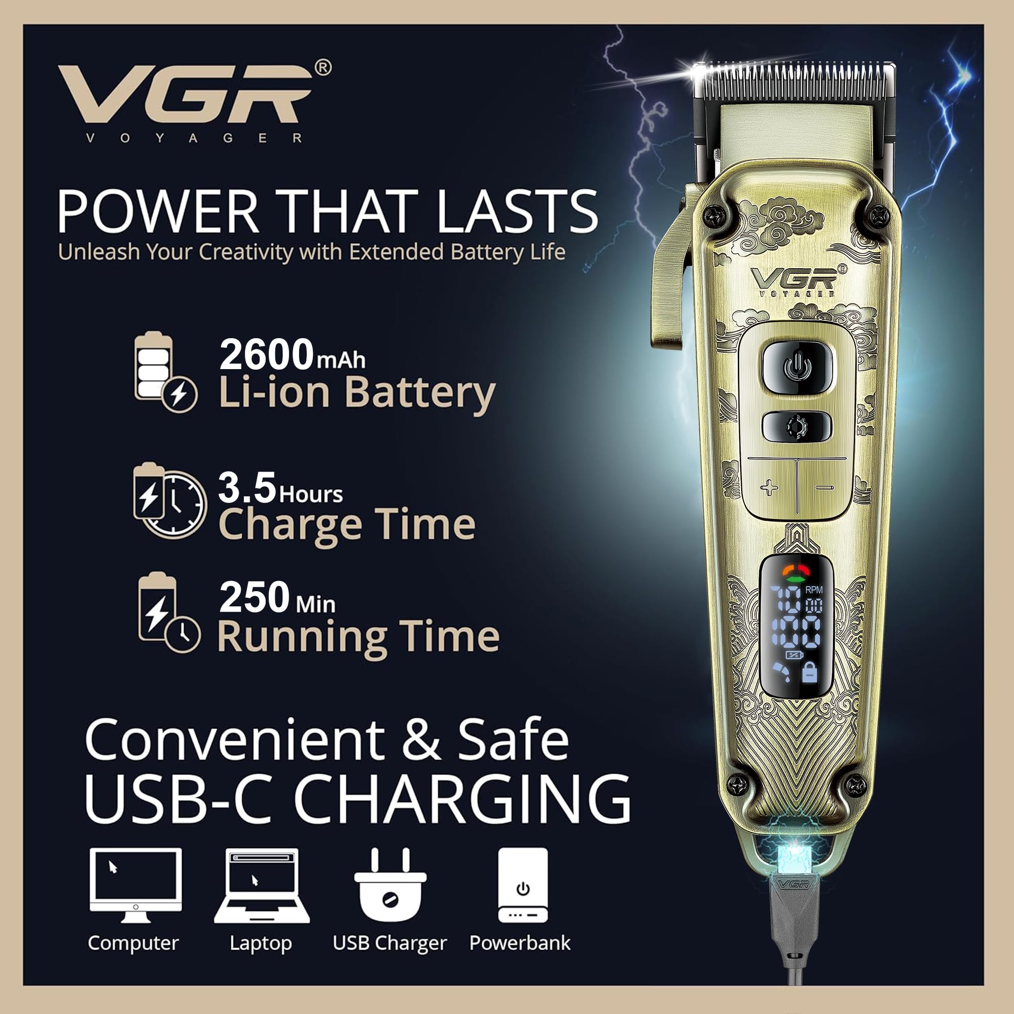 VGR Cortapelos para hombre inalámbrico con palanca cónica, kit de corte de pelo profesional eléctrico para corte de pelo de cabeza con cuchillas de cerámica, 7000 rpm, recargable a través de batería