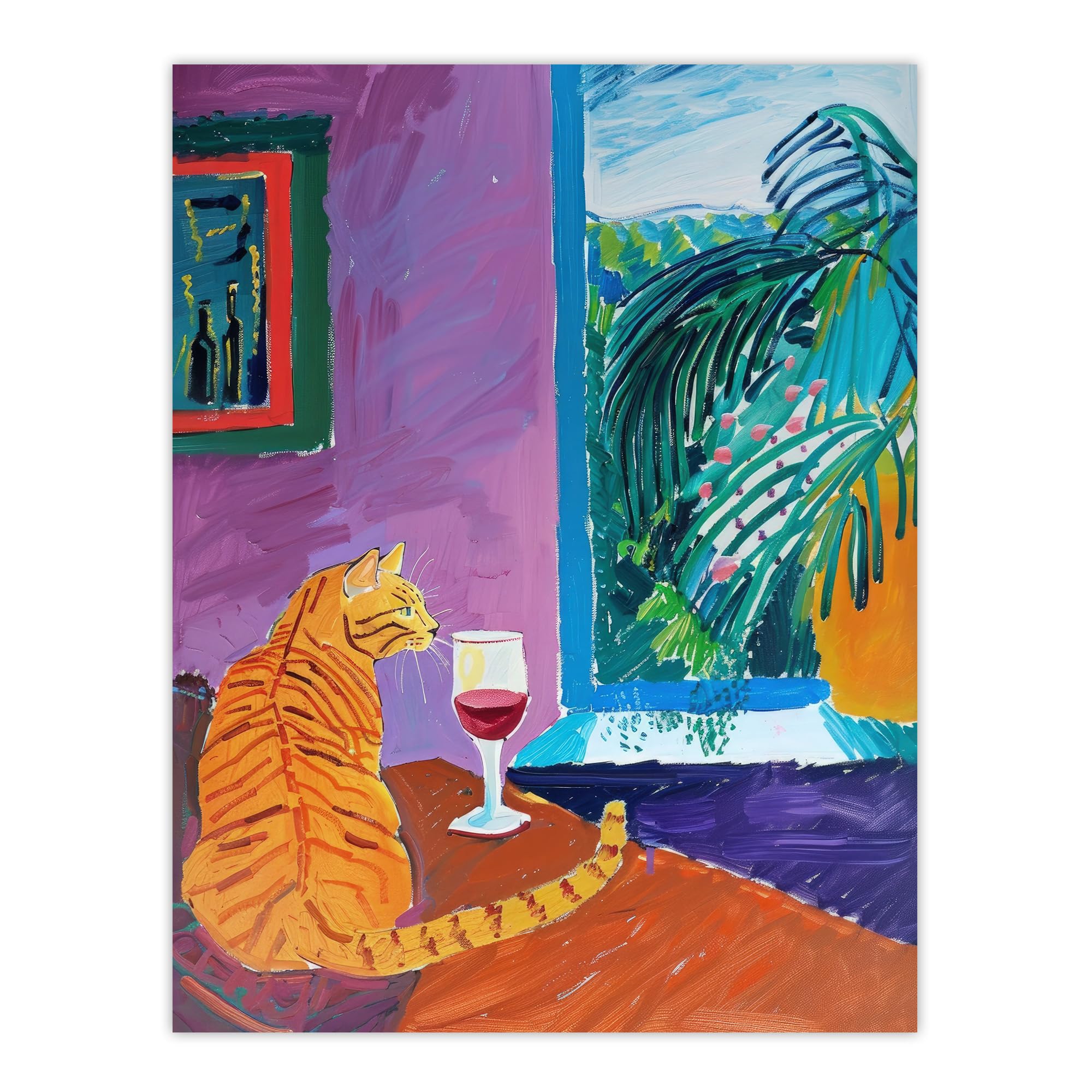 Artery8 Ginger Tabby Cat Wine Plant Lover Quiet Afternoon For Living Room Extra Large XL Wall Art Poster Print