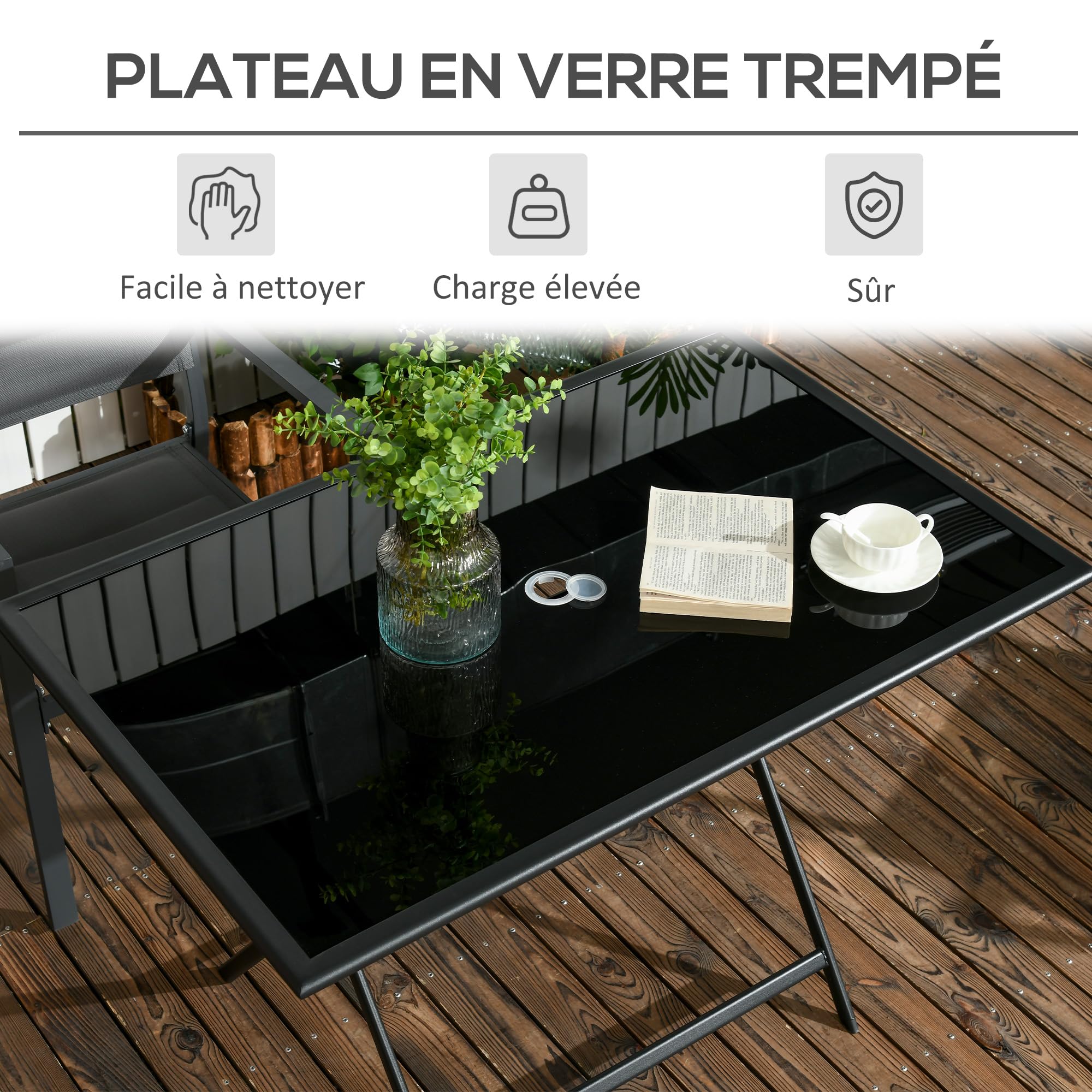 Outsunny Table à Manger de Jardin Pliable pour 6 Personnes, avec Plateau en Verre trempé, Table extérieure rectangulaire avec Trou de Parasol pour Jardin, Patio, terrasse, 110 x 70 x 70 cm, Noir