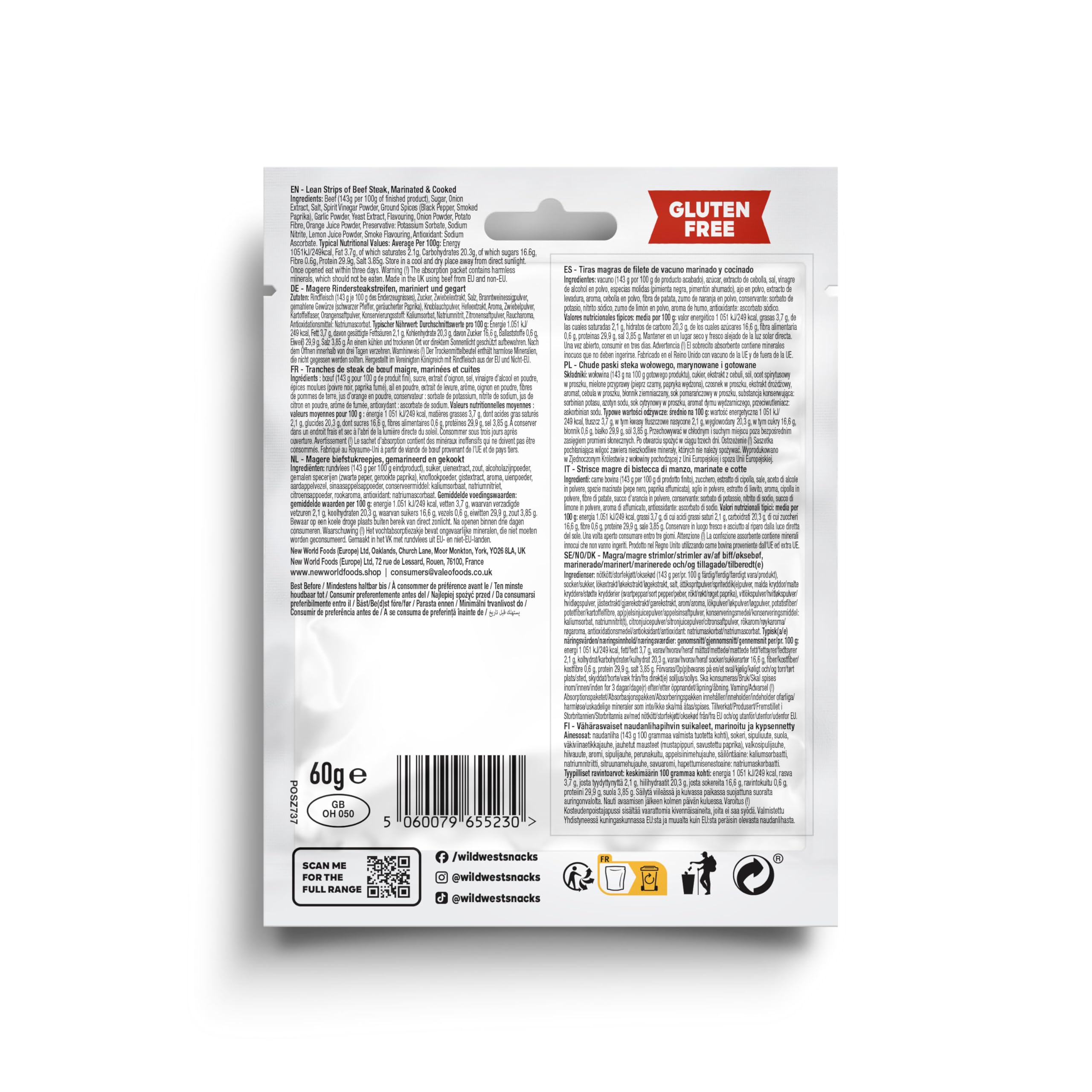 Wild West Beef Jerky 16x60g Original, carne secca proteica, snack proteico Beef Jerky, carne essiccata di manzo