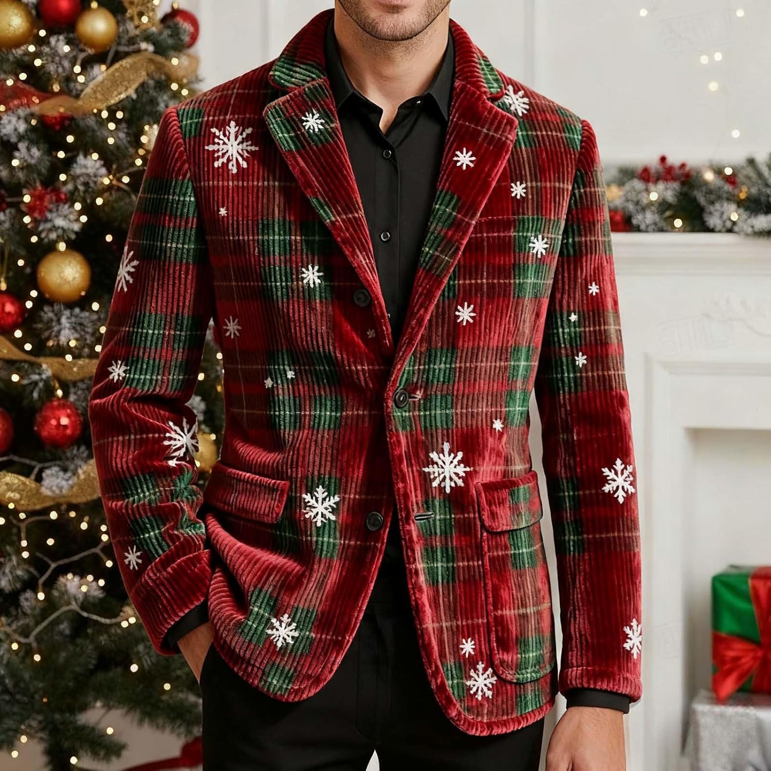 Men’s Christmas Blazer Vintage Holiday Corduroy Suit Jacket Slim Fit Fashion Casual Sport Coat Trendy Winter Colthes