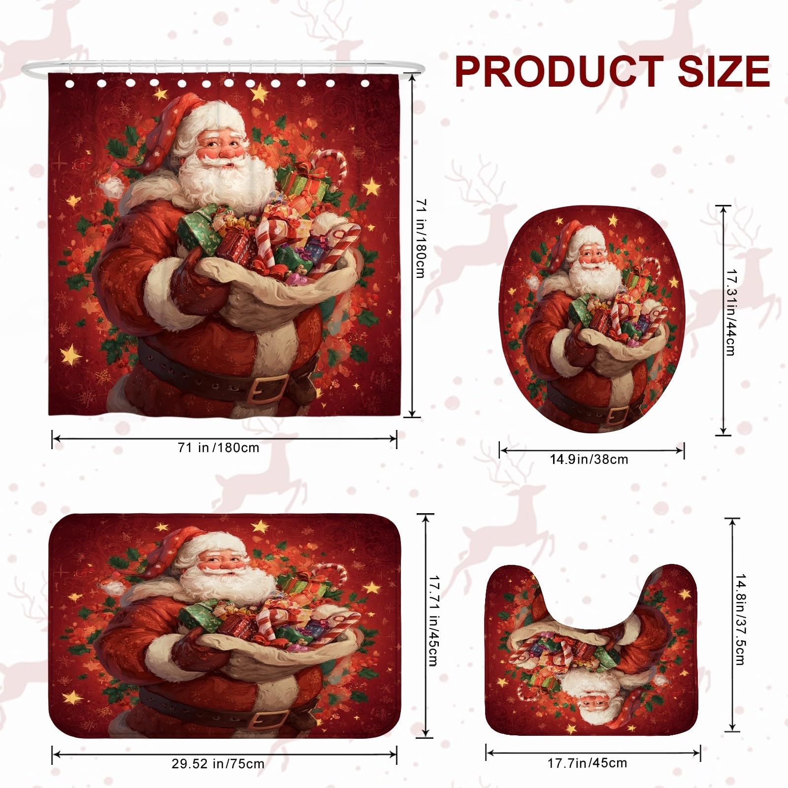 Set di 4 tende da doccia con Babbo Natale, tappeto da bagno rosso per le vacanze, accessori per decorazioni natalizie per il bagno, moderna tenda da doccia in tessuto impermeabile con ganci, 182 x 183