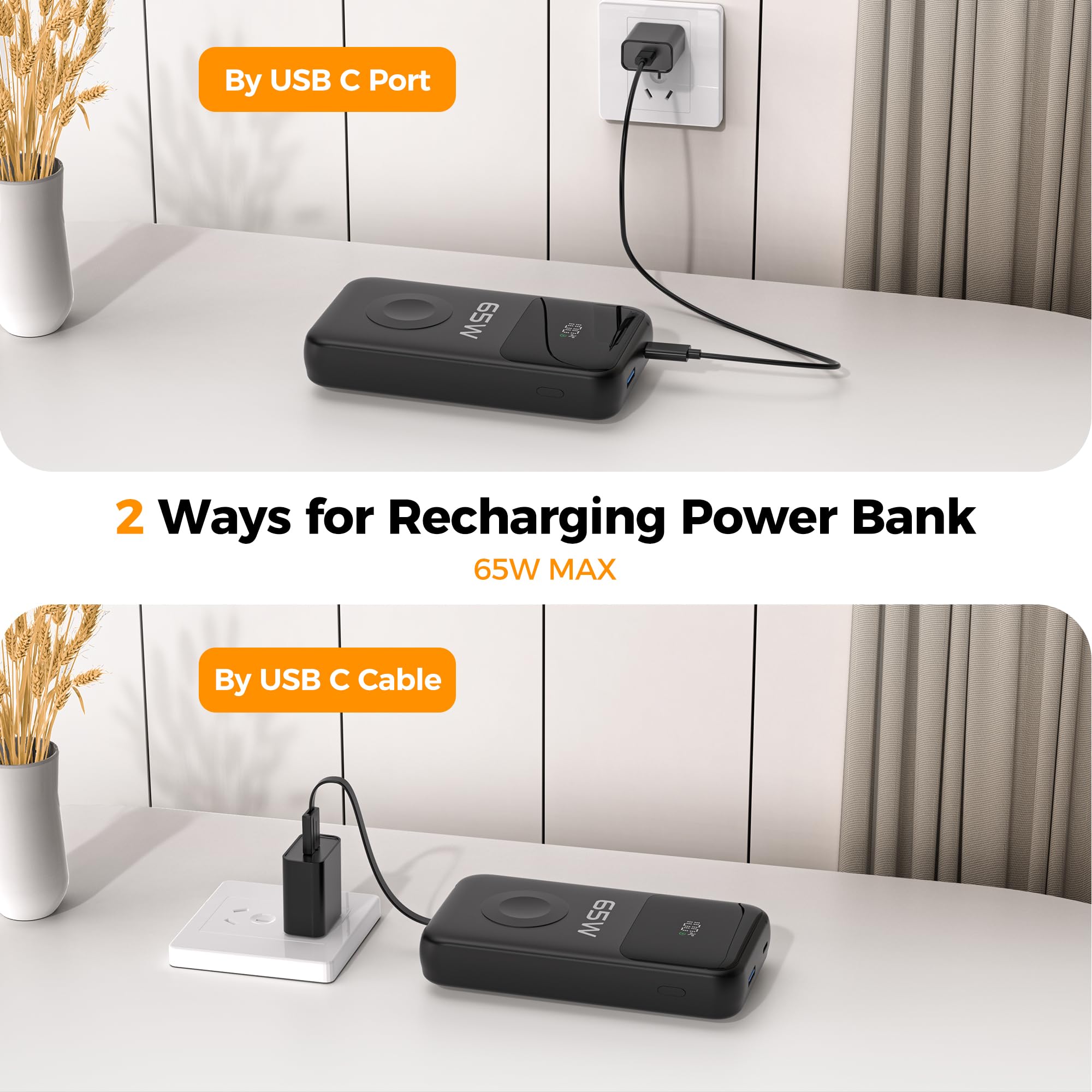 PANDUK 20000mAh 65W Banco de energía Cargador Portátil for Apple Watch, Batería Externa con Cables Integrados, USB-C de Carga Rápida con Pantalla LED para iPhone 17/16, Galaxy, iPad, Laptop,MacBook