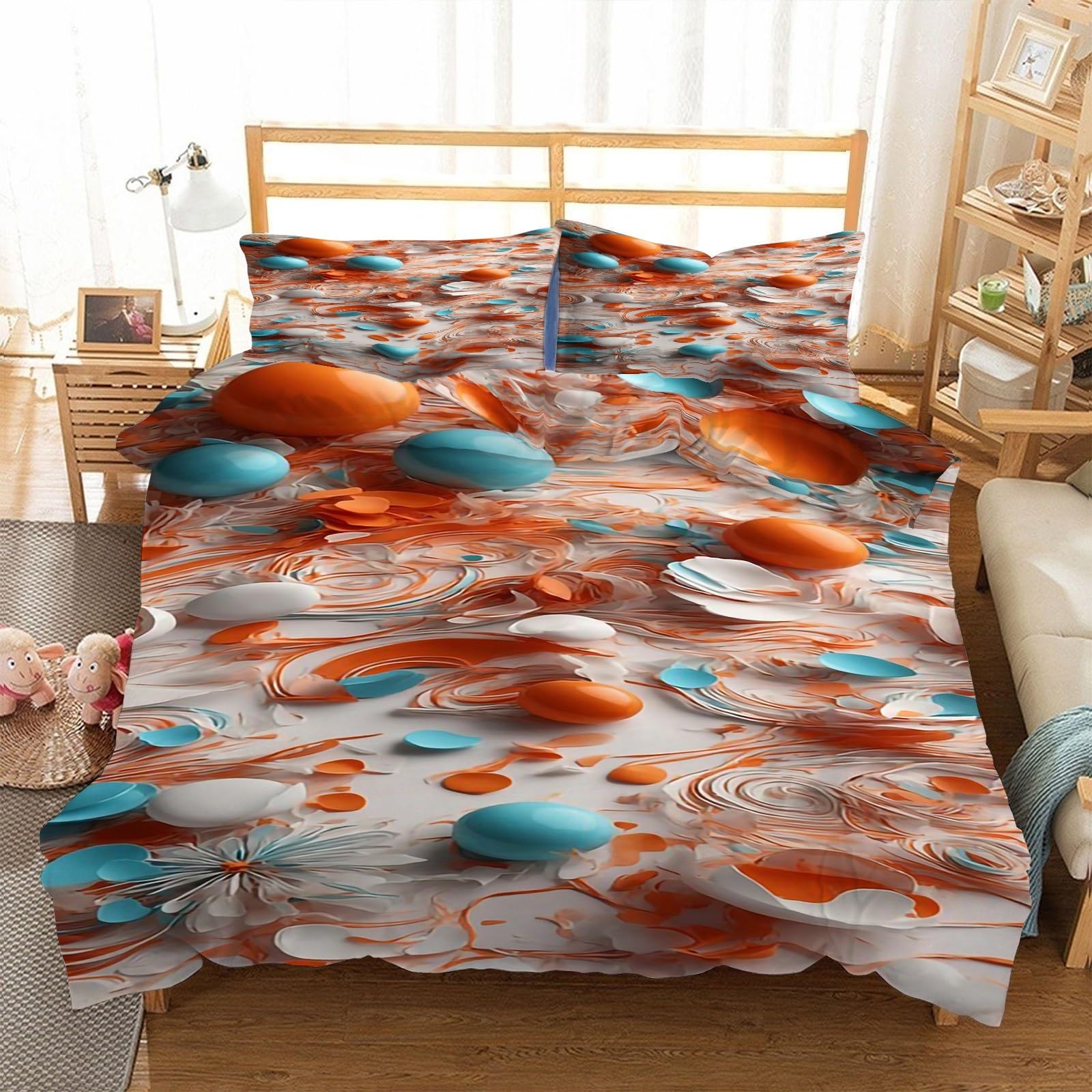 Generisch Pościel z abstrakcyjnym wzorem, 155 x 220 cm, niebiesko-pomarańczowe kulki, 3-częściowy zestaw pościeli z oddychającej i miękkiej mikrofibry, 2 poszewki na poduszkę z zamkiem błyskawicznym