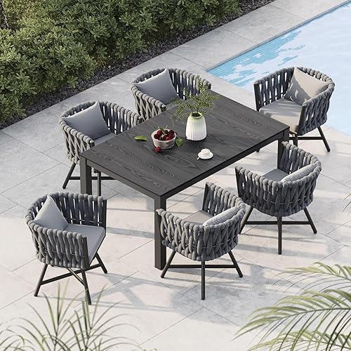 Grand patio Juego de comedor al aire libre de 7 piezas para 6, Juego de muebles de comedor de patio con 6 sillas giratorias de mimbre de cuerda y 1