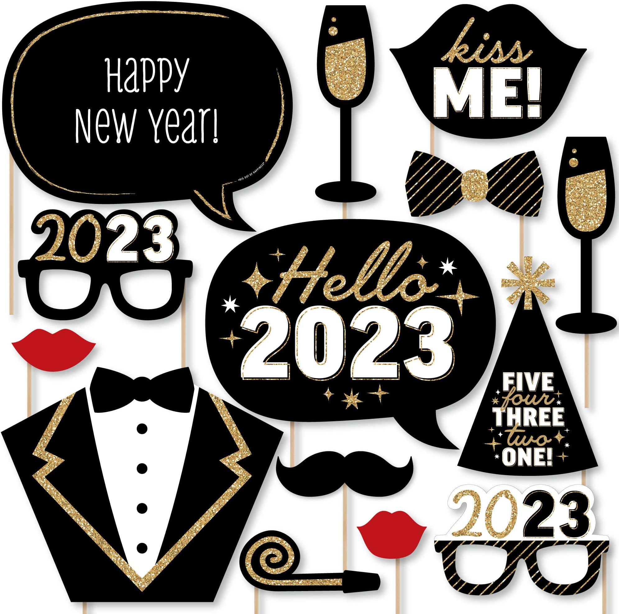 Big Dot of Happiness Hello New Year 2025 NYE Party Photo Booth Props Kit, New Year's Eve Party Supplies, 20 Count