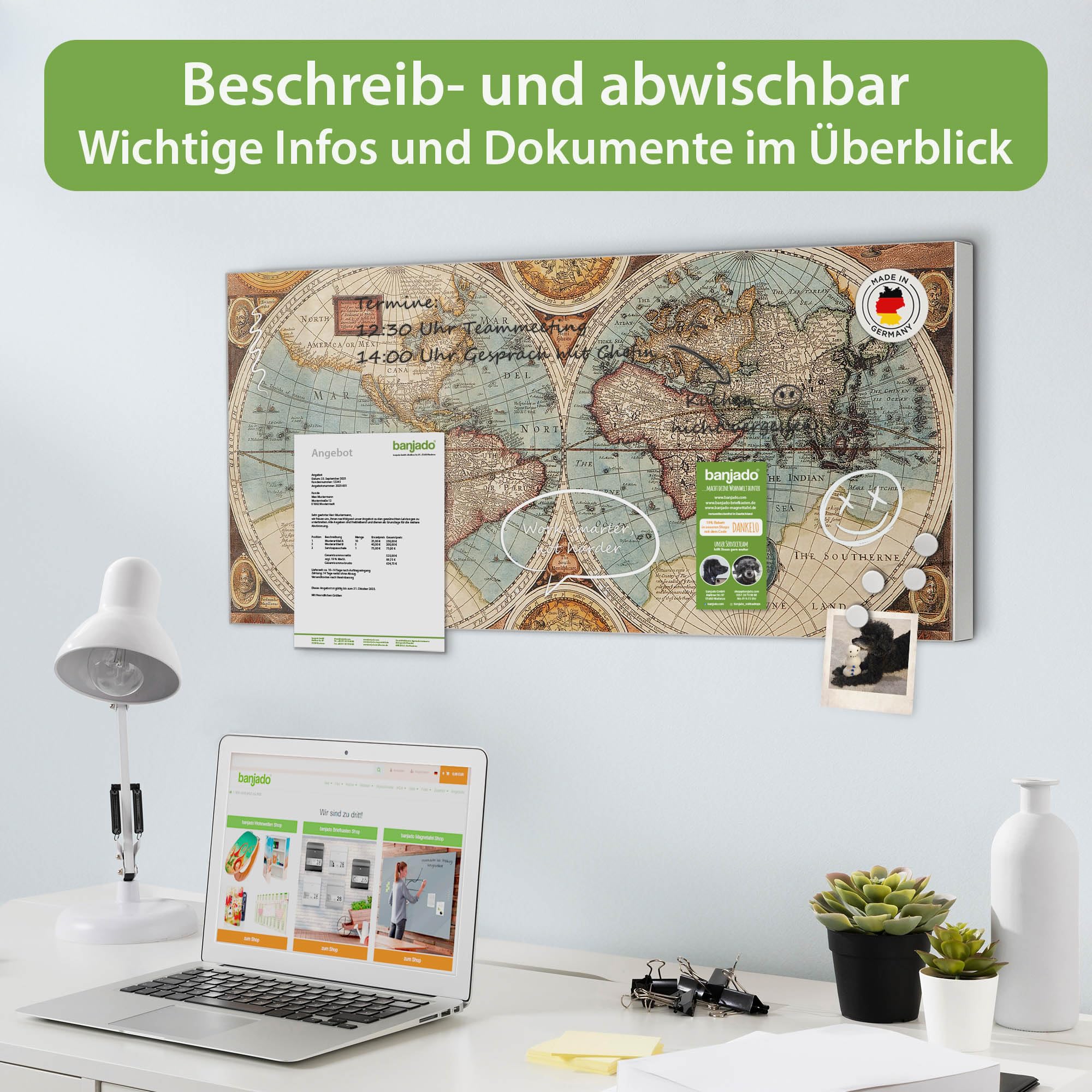banjado Magnettafel Metall 78 x 37cm - beschreibbare Magnettafel - Metall Pinnwand als Memoboard - Magnetwand Küche, Büro, Kinderzimmer Grau inkl. 4 Magnete & Montageset - Motiv Historische Weltkart