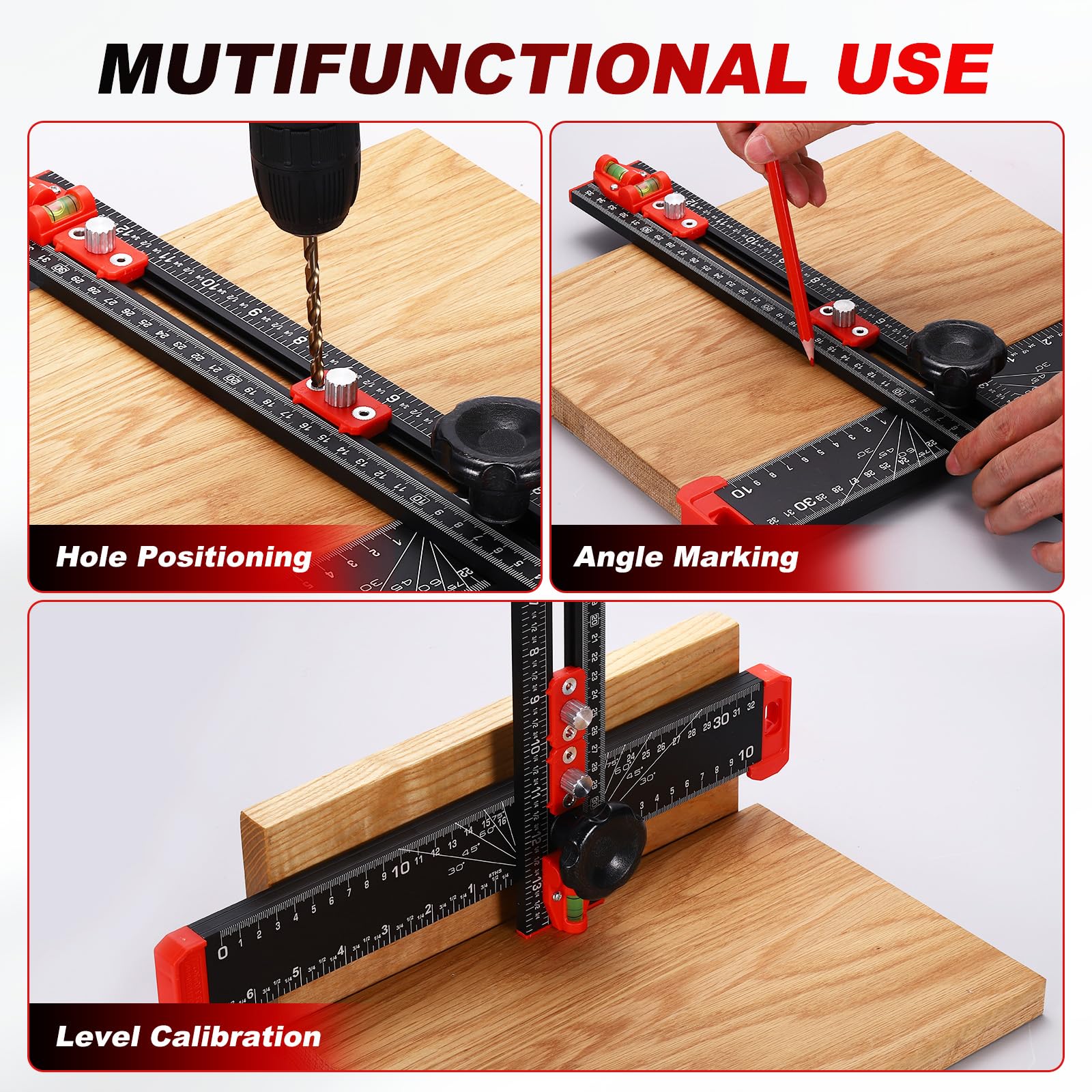 QUARKZMAN Righello Di Posizionamento Per Foratura 35 Cm / 13.78" Regolabile Multifunzionale In Lega Di Alluminio Squadra A T Guida Per Foratura Per Falegnameria Hardware