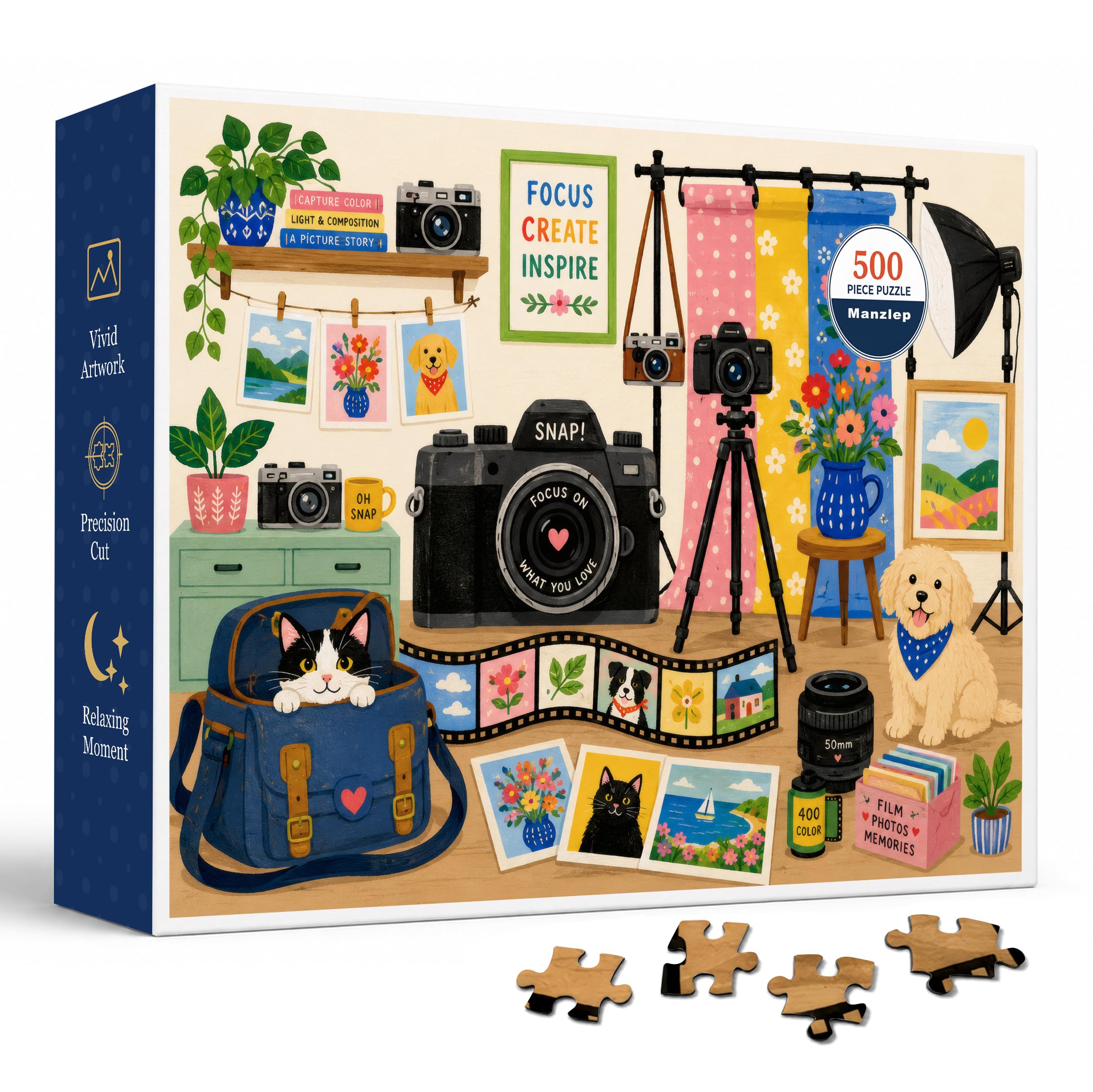 Photography Studio 500 Piece Jigsaw Puzzle for Adults & Teens, Creative Workspace Scene with Cameras, Tripod, Flower Backdrops, Photo Prints, Plants, Film Roll, Cat, Dog and Cheerful Art Details