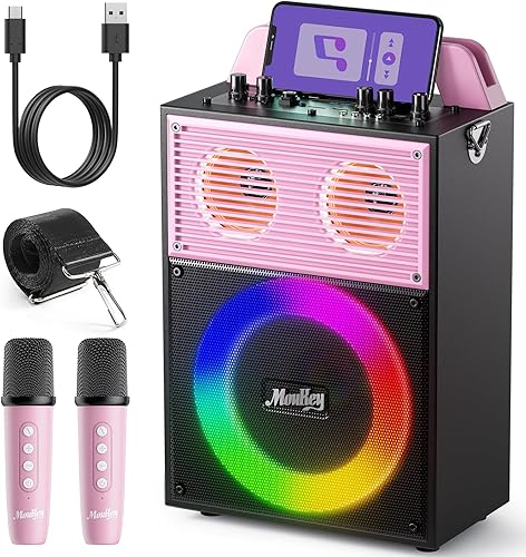 Moukey Máquina de karaoke para adultos y niños, sistema PA portátil, altavoz Bluetooth para fiesta con 2 micrófonos inalámbricos y luz de disco
