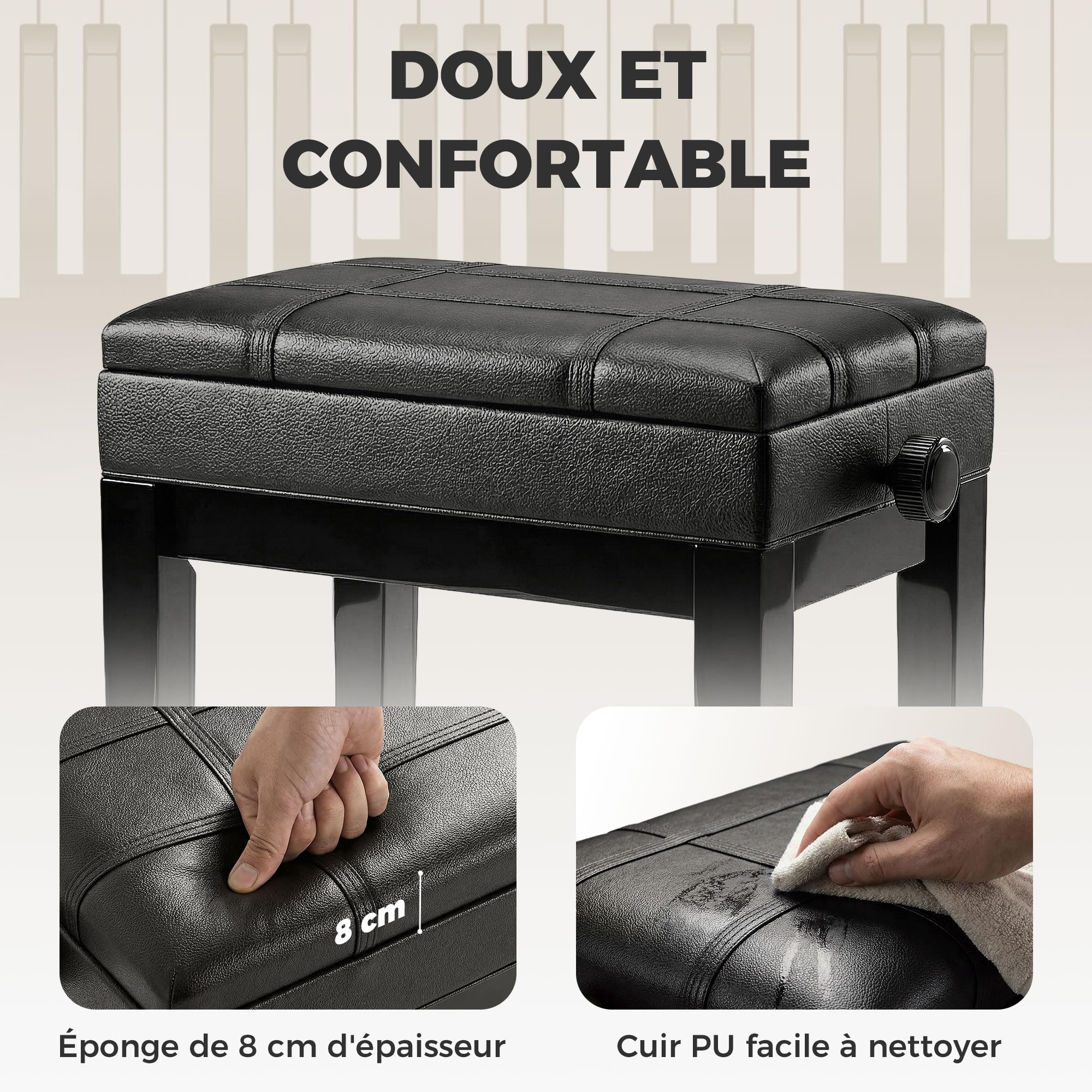 HOMCOM Banc de Piano, Banc de Clavier réglable en Hauteur en Bois Massif, Tabouret Piano avec Compartiment caché, siège rembourré polyuréthane, Stable et antidérapant, Charge 150kg, Noir