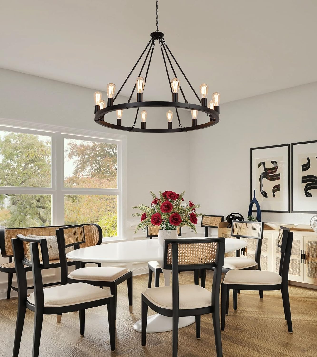 AMZASA Large Farmhouse Wagon Wheel Chandelier,Black Industrial Round 12 Lights Dining Room Light Fixture for Kitchen Living Room Foyer Hotel Dia38.2 Inches UL Listed