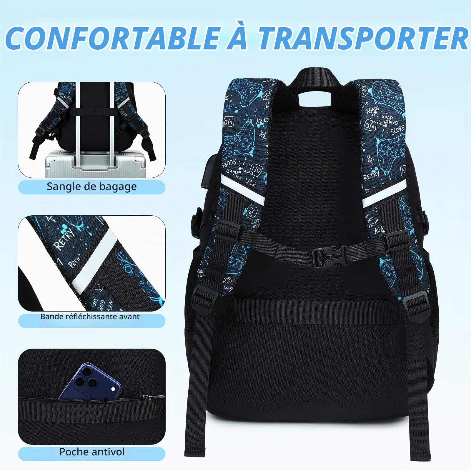 Cartable Garçon Lumineux, Sac à Dos Grande Capacité Trousse