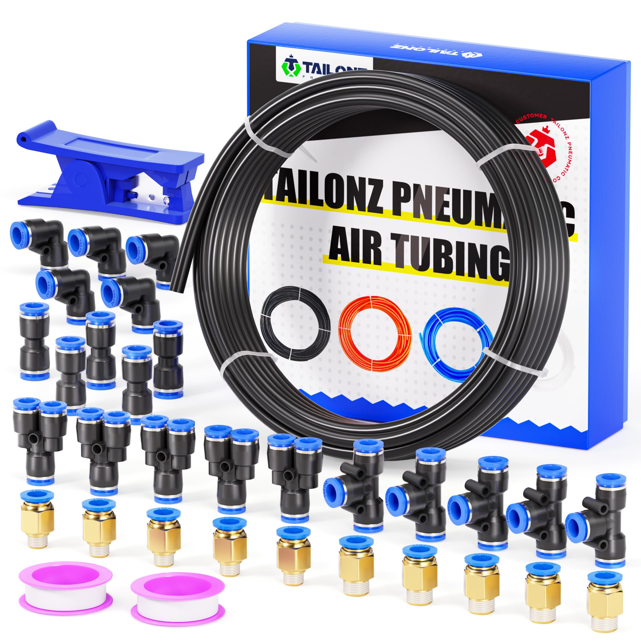 TAILONZ Black 8mm OD 5mm ID PU Air Hose Pipe Tube Kit 32 Meter 100ft