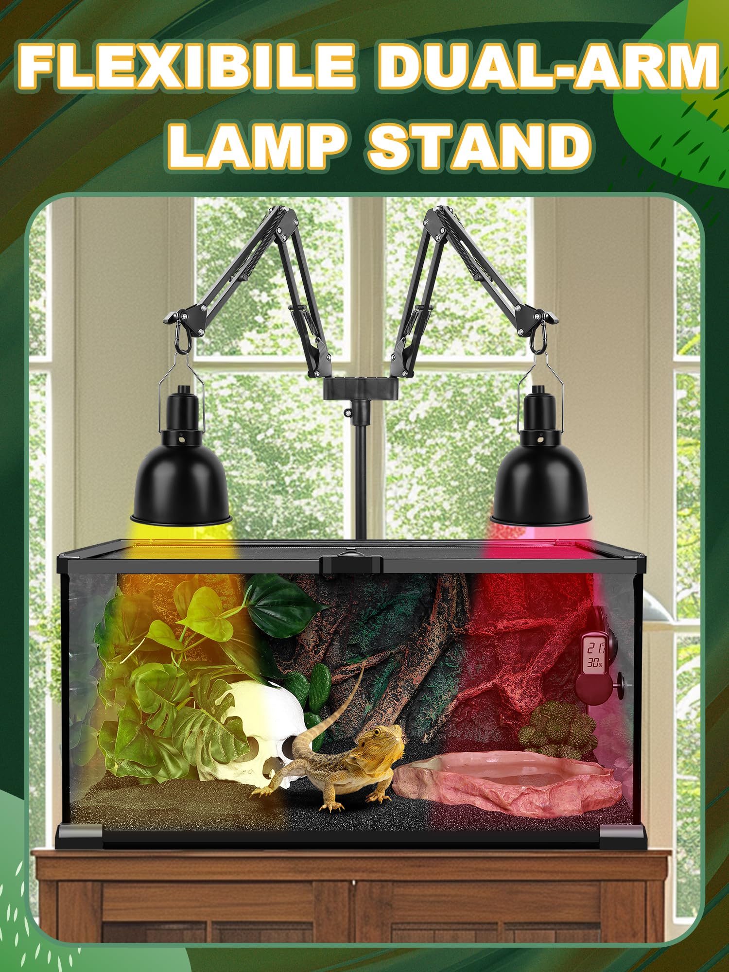 Soporte doble para lámpara de reptil, soporte de lámpara de calor (15.7 a 74.3 pulgadas) con 2 brazos oscilantes ajustables de 360° para terrario, soporte de lámpara de calor de reptiles para