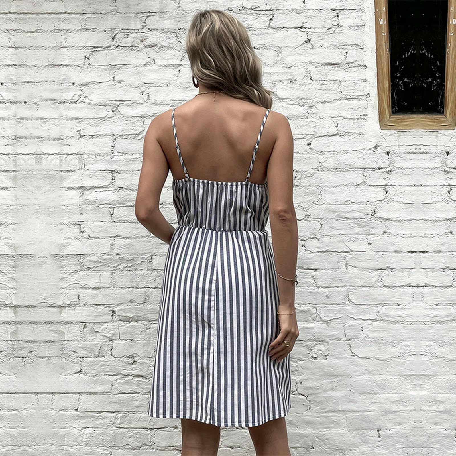 Abiti Abiti Donne Estate Elegante Striped V-Neck a Righe Vita Halter Sling Dress Abiti da Sera Abito, YYEFNMAZ, Grigio, m