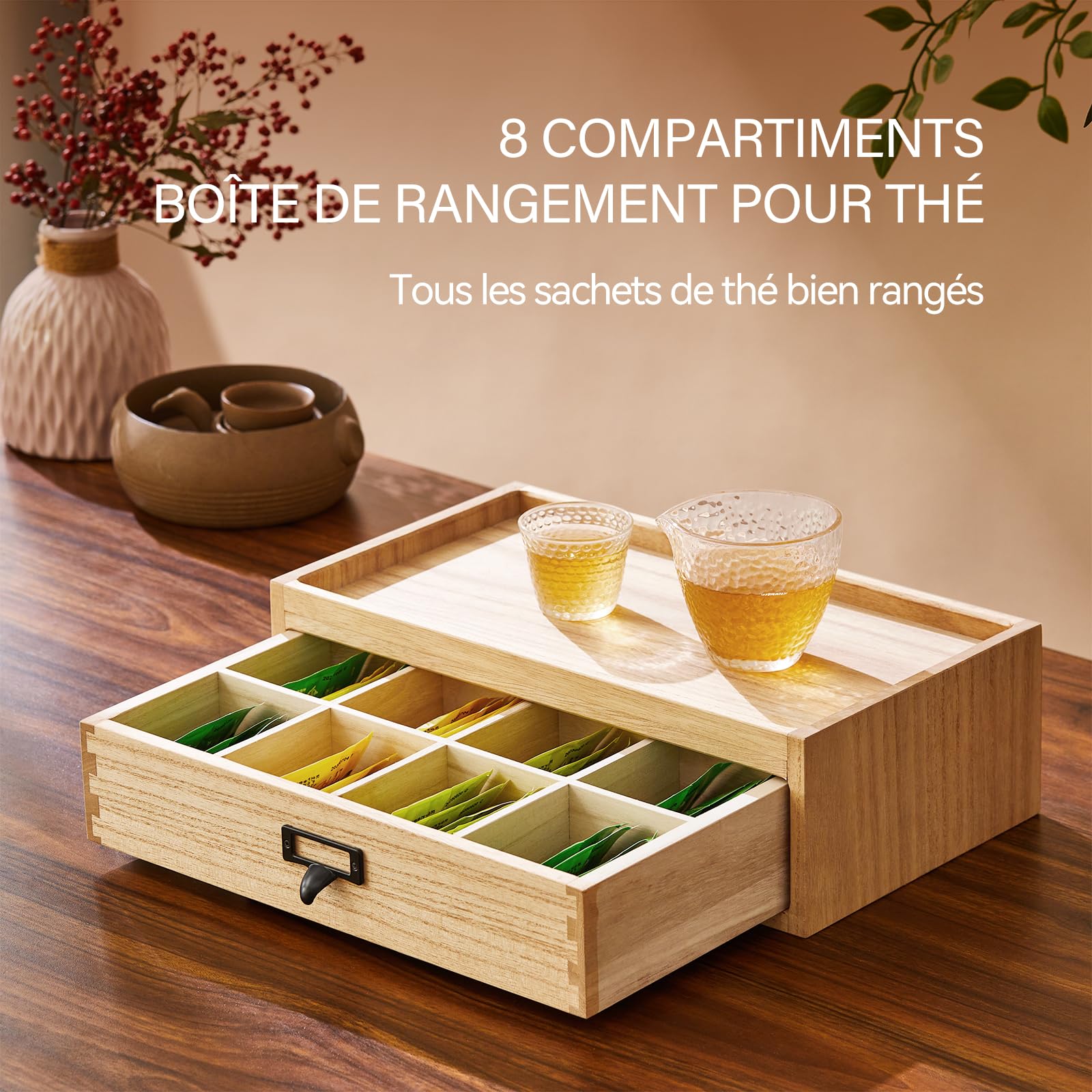 KIRIGEN Boîte à thé en bois massif avec tiroir - 8 compartiments - Boîte de rangement pour sachets de thé avec poignée en métal - Pour cuisine et bureau - Naturel