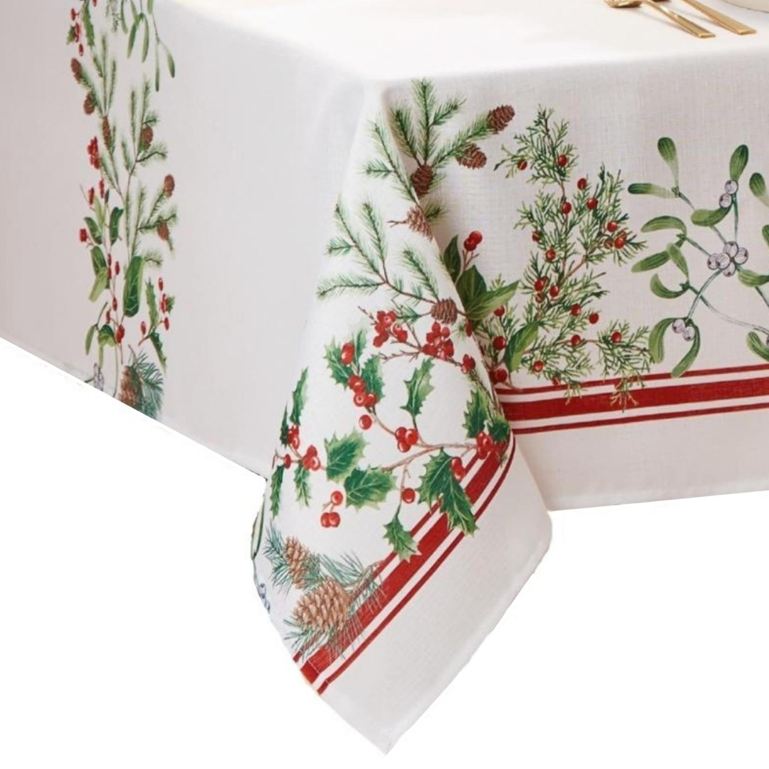 Elrene Home Fashions Winter Holiday Berry Bordered Wrinkle Resistant Tablecloth, Decorative Christmas Table Cover, 60" X 102", Rectangle