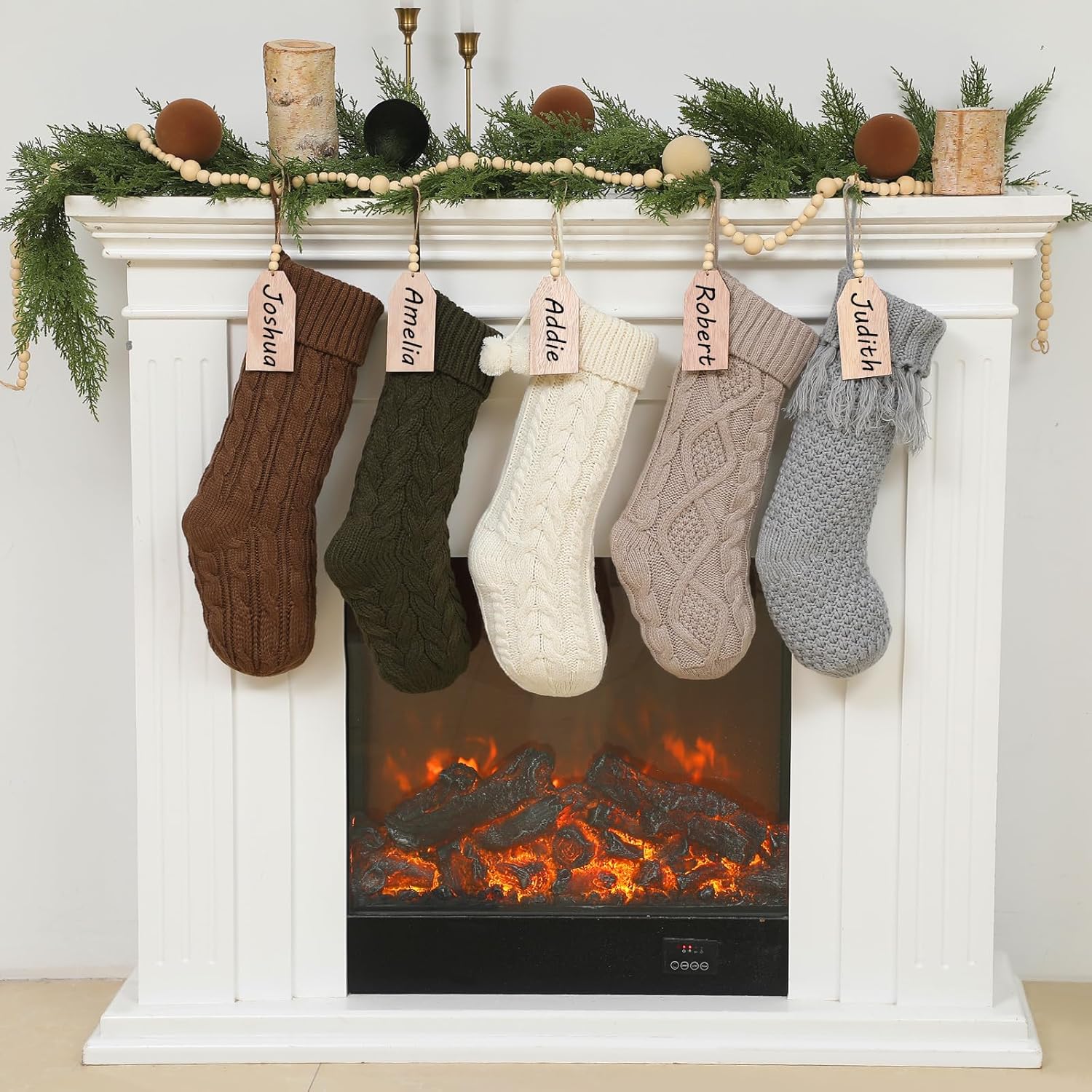 5 Pack 18 inch Neutral Personalized Christmas Stockings Bulk, Rustic Farmhouse Cable Knit Fireplace Hanging Stocking with Name Tags White Gray Beige Decor for Xmas Holiday Family Party