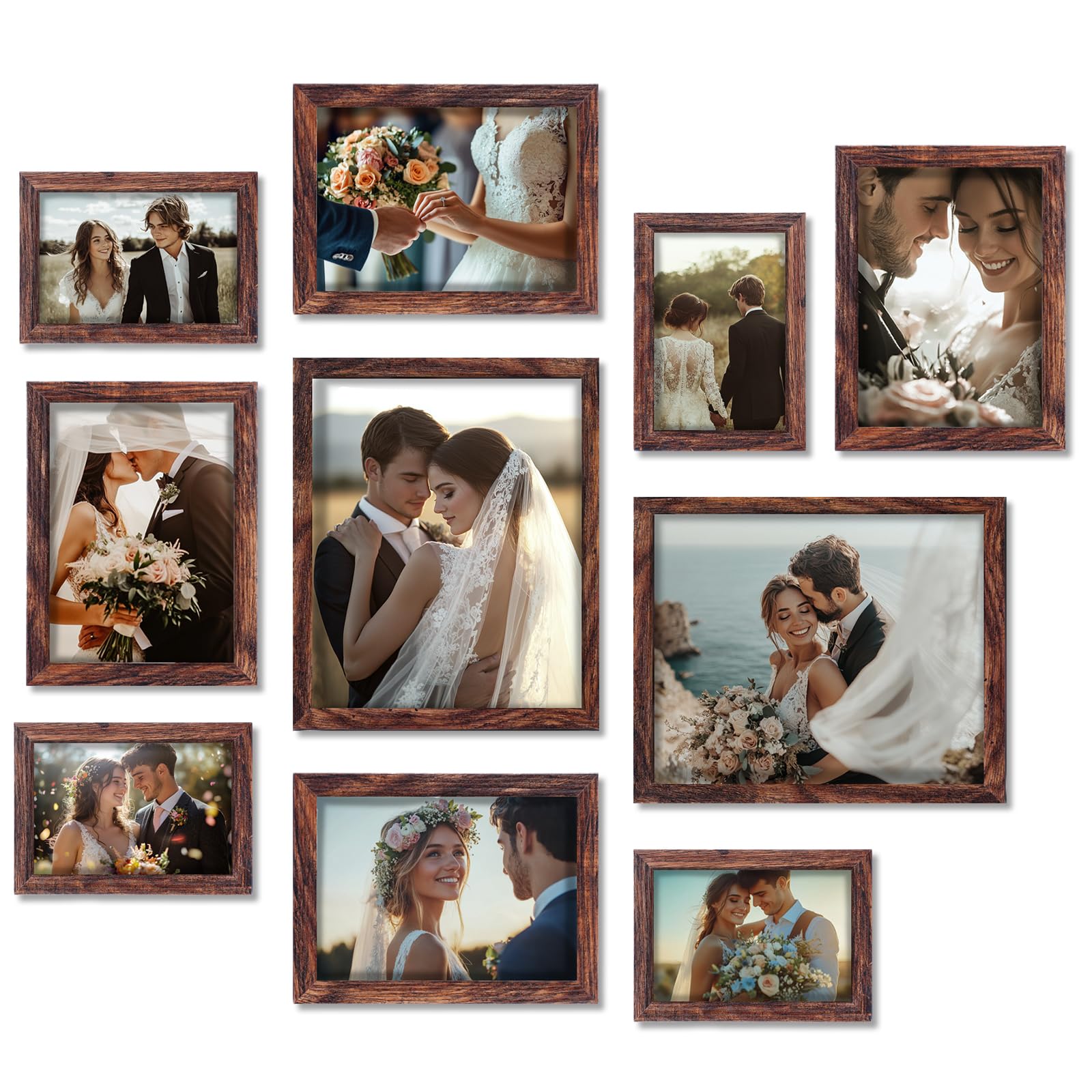 Fixwal Picture Frames, 10 Pack Wooden Collage Picture Frame Set for Wall Gallery Decor, Hanging or Tabletop Display Multi Sizes Photo Frames Including 8x10, 5x7, 4x6, Brown