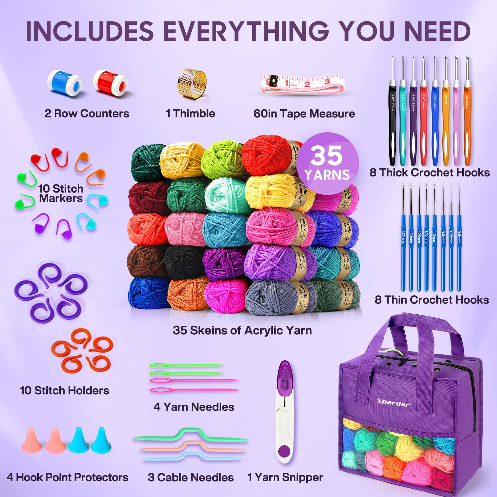 Spardar Kit di filati per uncinetto per principianti e adulti, set di 35 filati acrilici per uncinetto, 89 pezzi, con ganci ergonomici, ferri da maglia (viola uva)