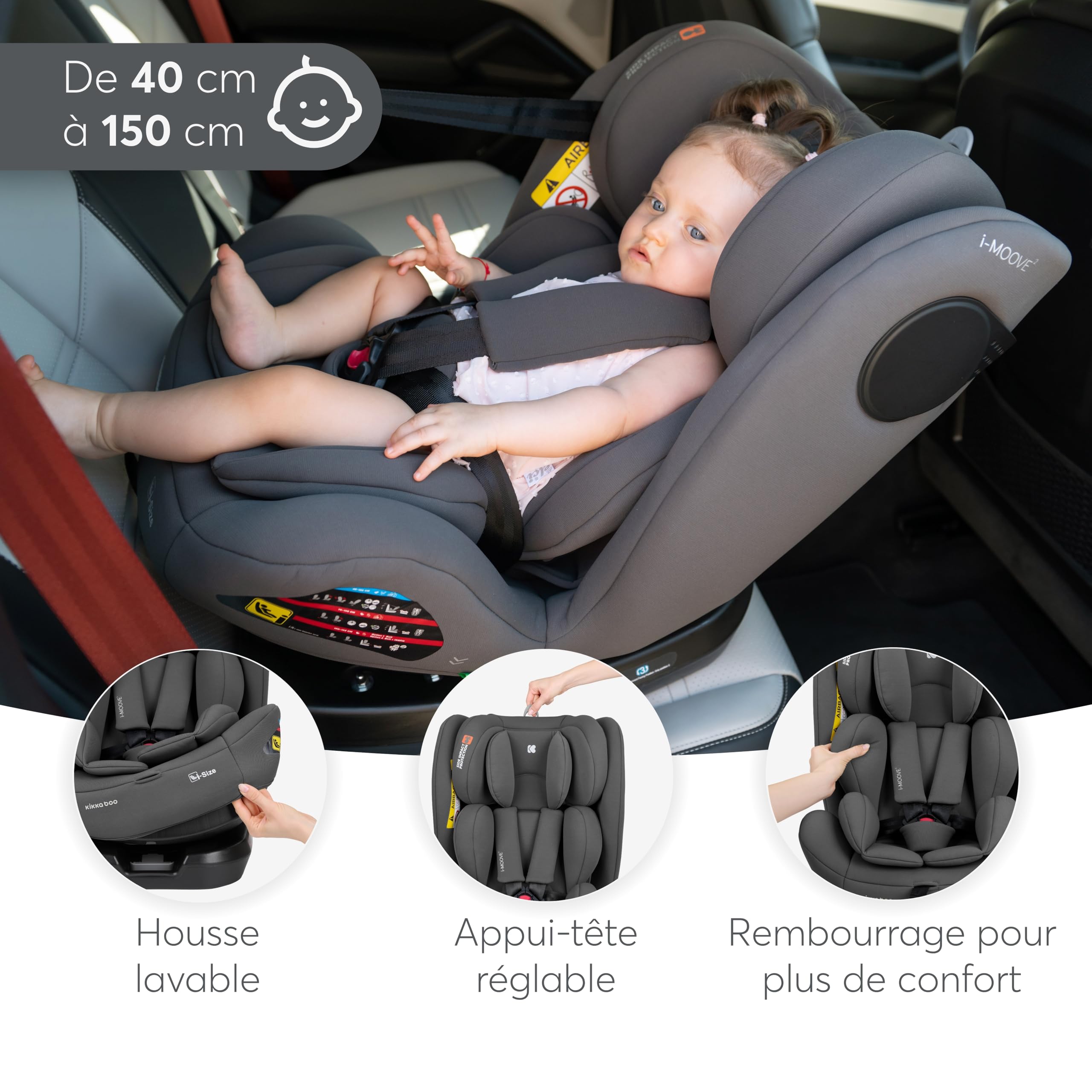 KikkaBoo Siège Auto Bébé 0 à 36 kg (40-150 cm) i-MOOVE 2, Rotation 360°, ISOFIX, i-Size, Dos & Face à la Route, Appuie-tête Réglable, Inclinable, Vert Armée