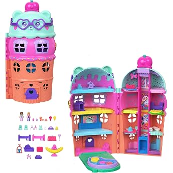 Polly Pocket JKB89 Micro Dolls & Large Gelateria House Playset Ice Cream Bear Theme with Over 25 Accessories Includes Furniture Food and Animals Polar Bear Themed 2 Micro Dolls 25+ Accessories Including Furniture Food & Pets Ages 4+ JKB89