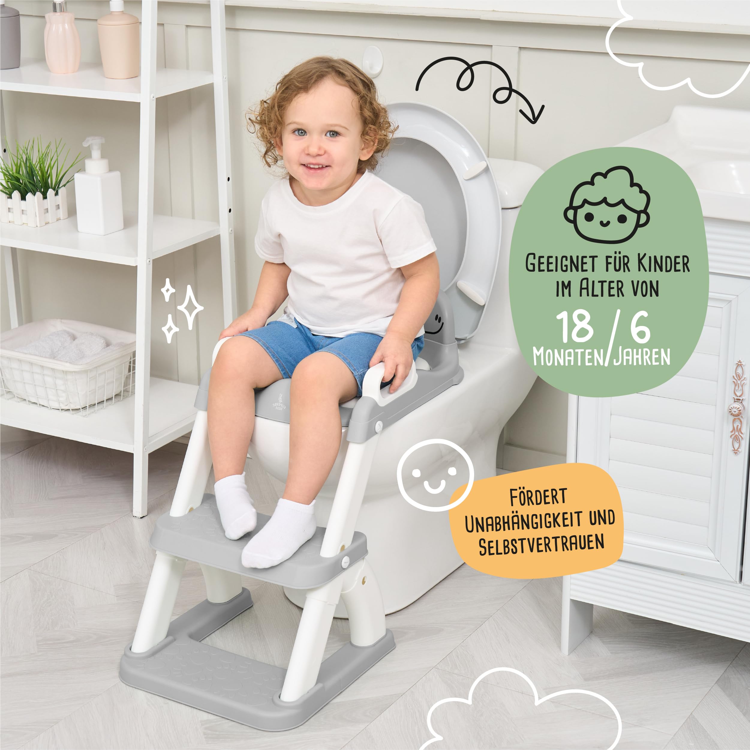 Toilettensitz Kinder mit Treppe – Höhenverstellbarer Kinder Toilettensitz mit Trittstufe & Rückenlehne – WC Sitz Kinder, Toilettentrainer, Klositz & Aufsatz Toilette Kleinkind