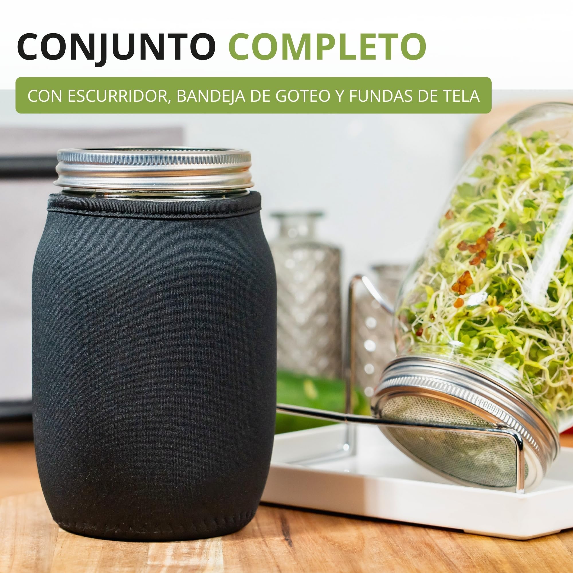 Westmark Juego de 2 tarros de germinación con Tapa de colador de Acero Inoxidable y escurridor, para brotes, microvegetales, 950 ml
