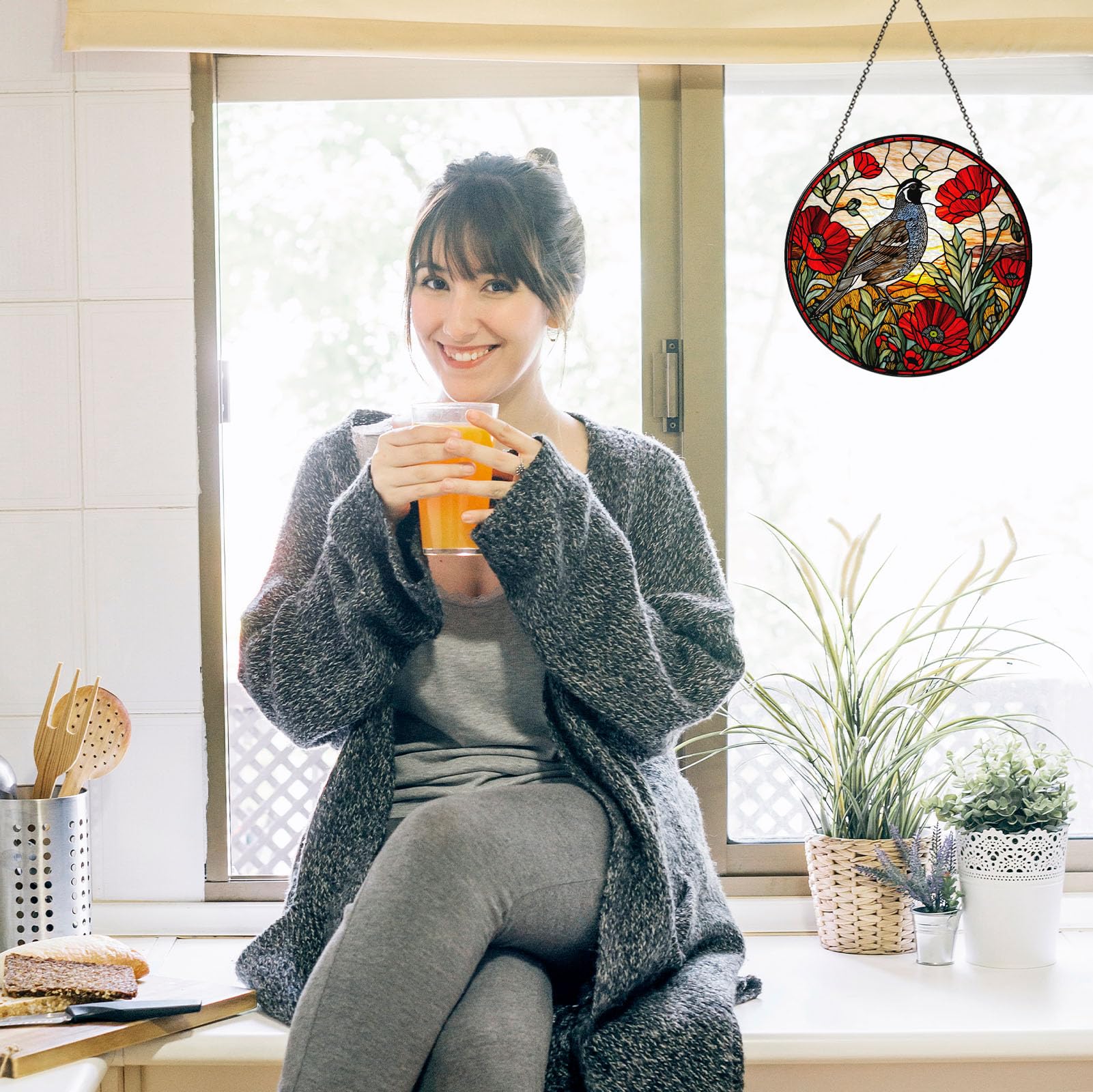 Atrapasueños de California con rama de amapolas, vitrales colgantes para ventana, atrapasueños para mujeres, hechos a mano, decoración para colgar ventanas de jardín, hogar, 7.87 pulgadas