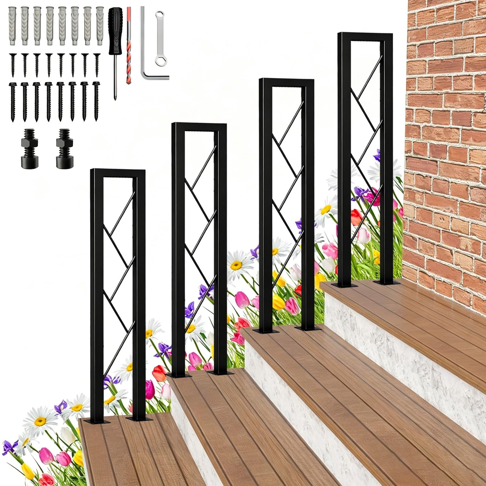 Gaommini Black Gold Garden Handrail Picket For Fits 1 Steps, Outdoor Stair Railing - Industrial Wrought Iron Porch Deck Railing U-Shaped Banister Handrail 35~100Cm(,85Cm/33In)