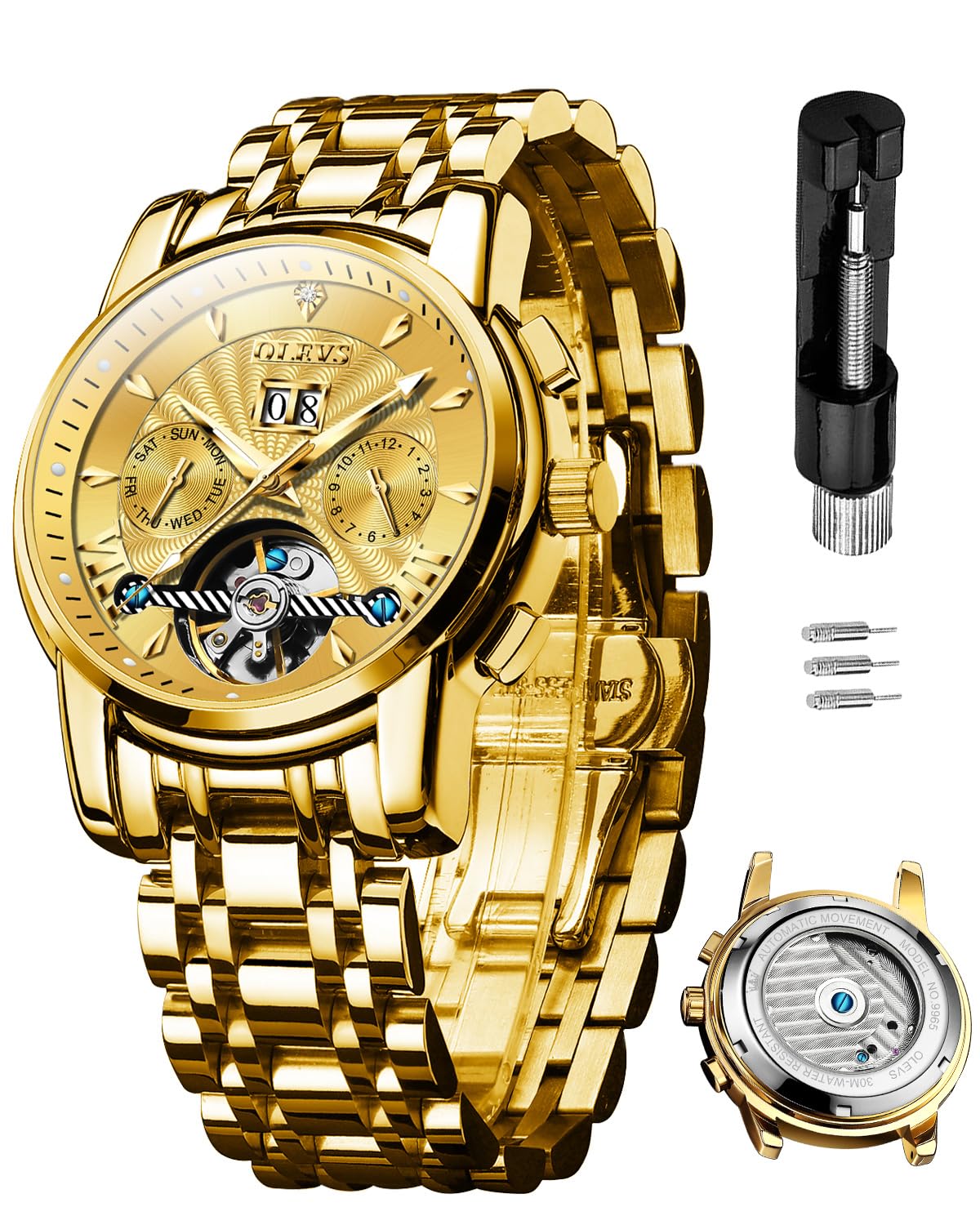 OLEVS Watches for Men Automatic Skeleton 5 Hands Mechanical Luxury Watch Classic Calendar Stainless Steel Waterproof Mens Wrist Watch