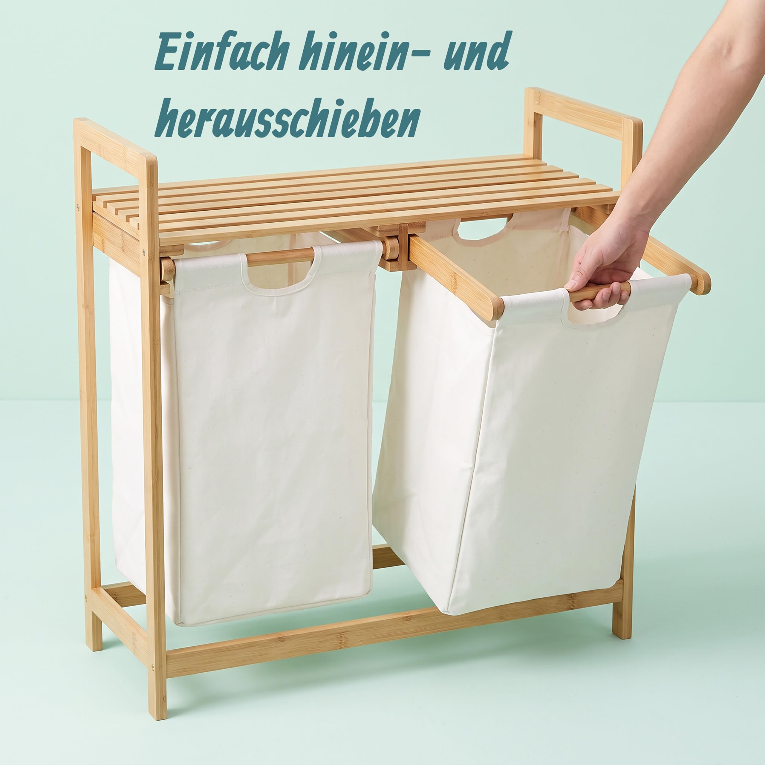 Relaxdays Wäschekorb Bambus, Wäschesortierer mit Ablage, 2 Fächer, ausziehbar, tragbarer Wäschebehälter, 60 Liter, Natur, 1 Stück, Weiß
