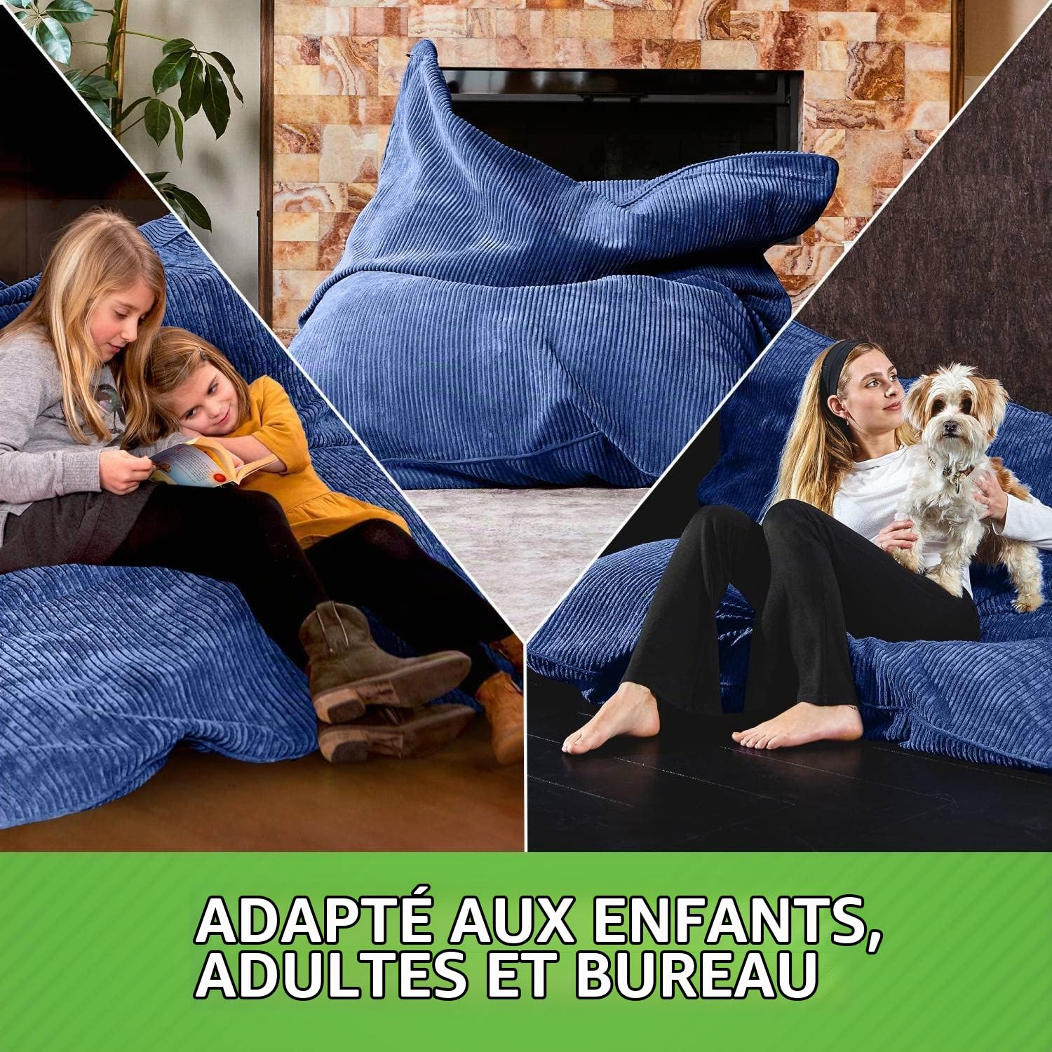 Green Bean© XXL Pouf en Velours Côtelé 370 litres Remplissage de Perles EPS - Doux Moelleux Robuste & Tissu Lavable Coussin de Sol Coussin de Repos Coussin de Siège