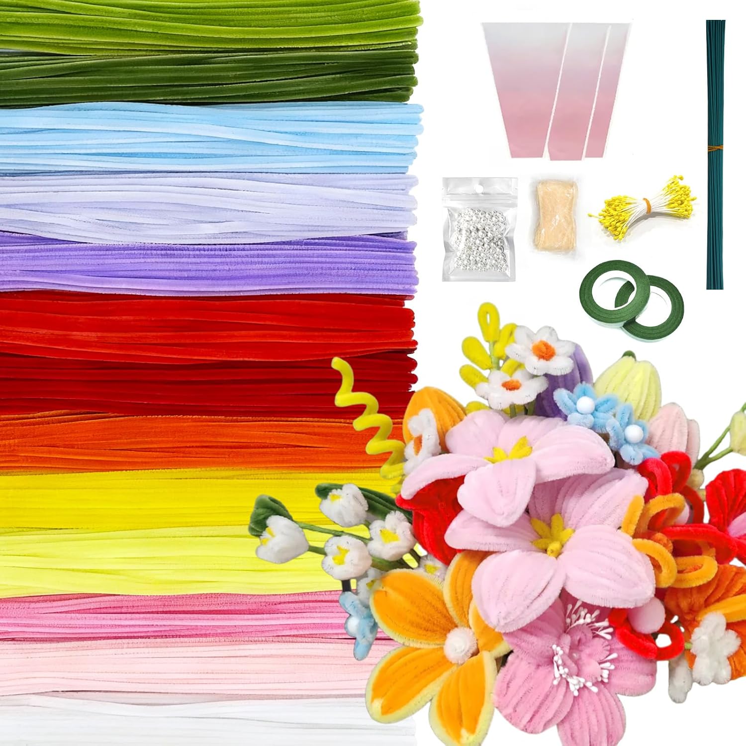 URSDIART 650pcs Pipe Cleaners Craft, Bulk Pipe Cleaner Flower Kit,13 Colors Chenille Stems Limpia Pipas para Manualidades with Instruction Accessories for Floral Arrangements,Art and Craft Projects