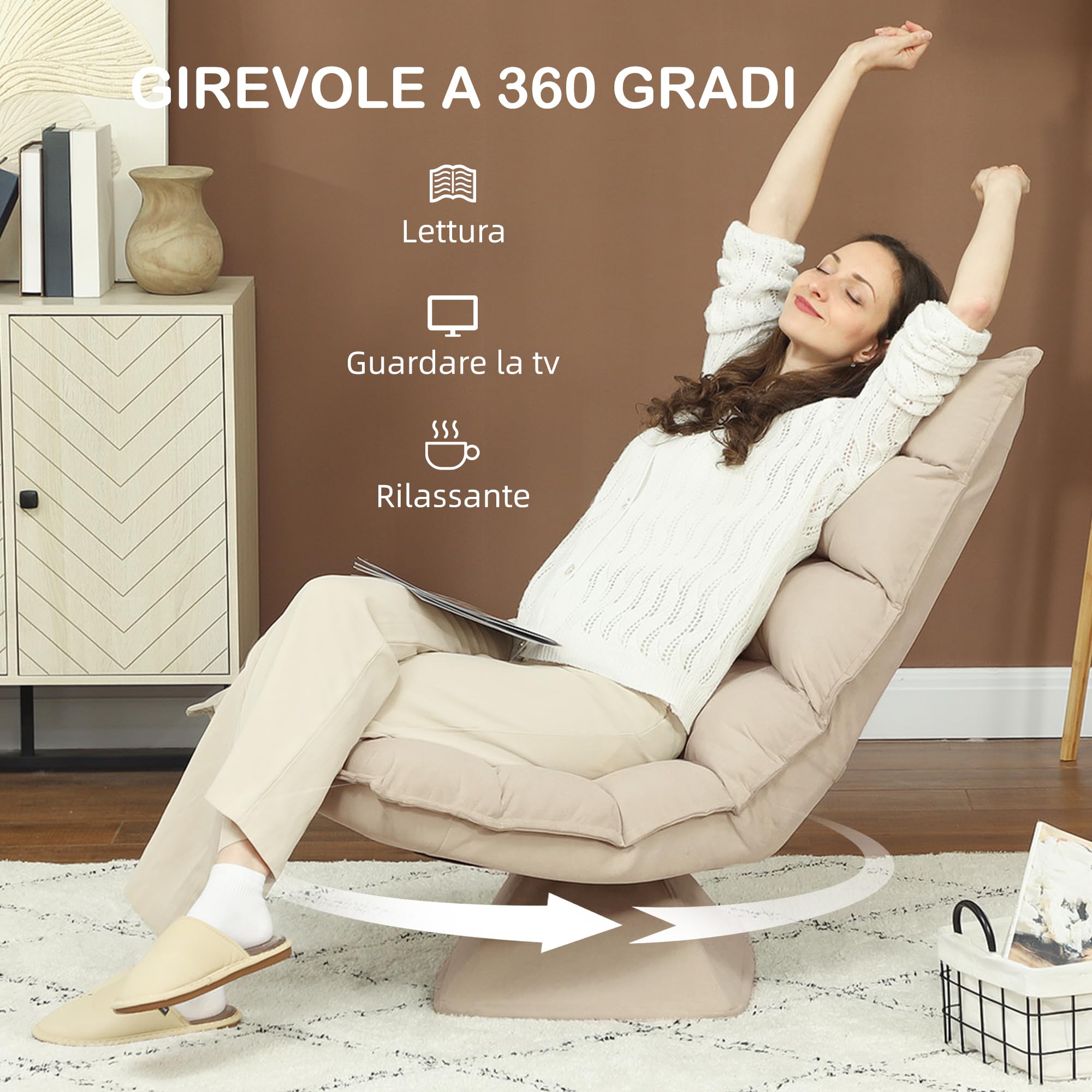 HOMCOM Poltrona Relax Girevole 360° con Schienale Regolabile in 5 Posizioni, Poltrona da Terra con Seduta Ampia Imbottita Spessa in Tessuto Effetto lino, per Soggiorno Lettura, 62x70x95 cm, Beige