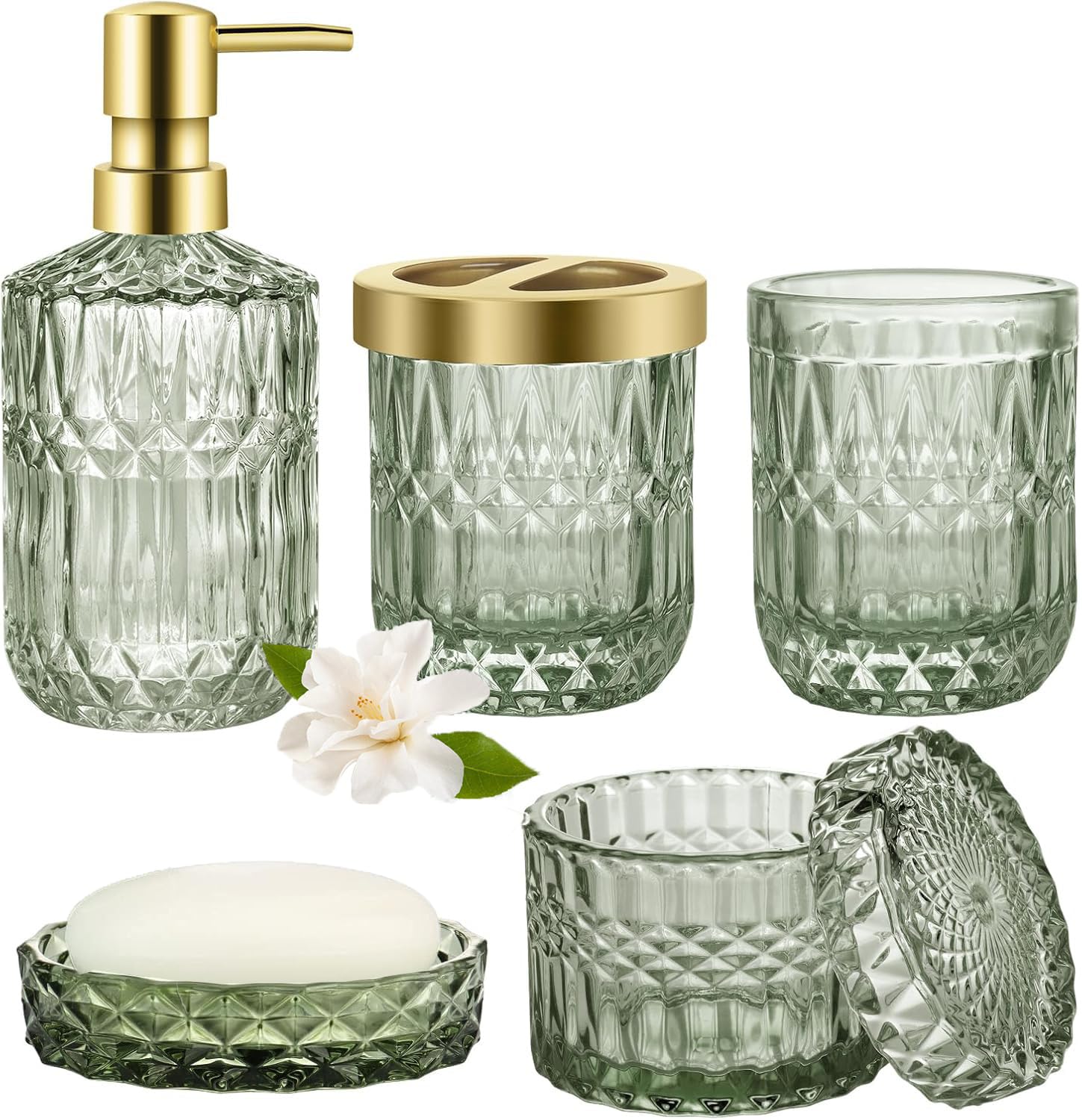 Juego de accesorios de baño verdes, 5 piezas de decoración de baño de cristal, dispensador de jabón de diamante, jabonera, soporte para cepillo de dientes, vaso de baño, tarros de hisopo de algodón,
