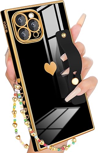 Petitian Funda para iPhone 13 Pro Max con soporte y cuerda, diseño electrochapado en corazón para mujeres y niñas, color negro