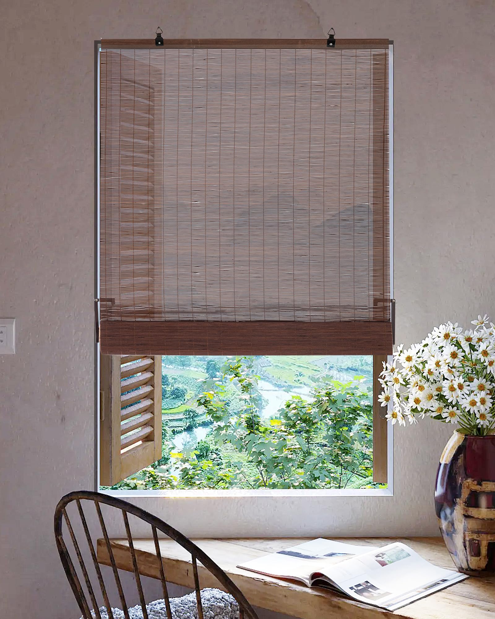 Chryeiiu 30''W X 72''H Cordless Bamboo Roman Shades, Light Filtering Roll Up Bamboo Matchstick Blinds for Interior Window Home Patio Porch, Drak Brown