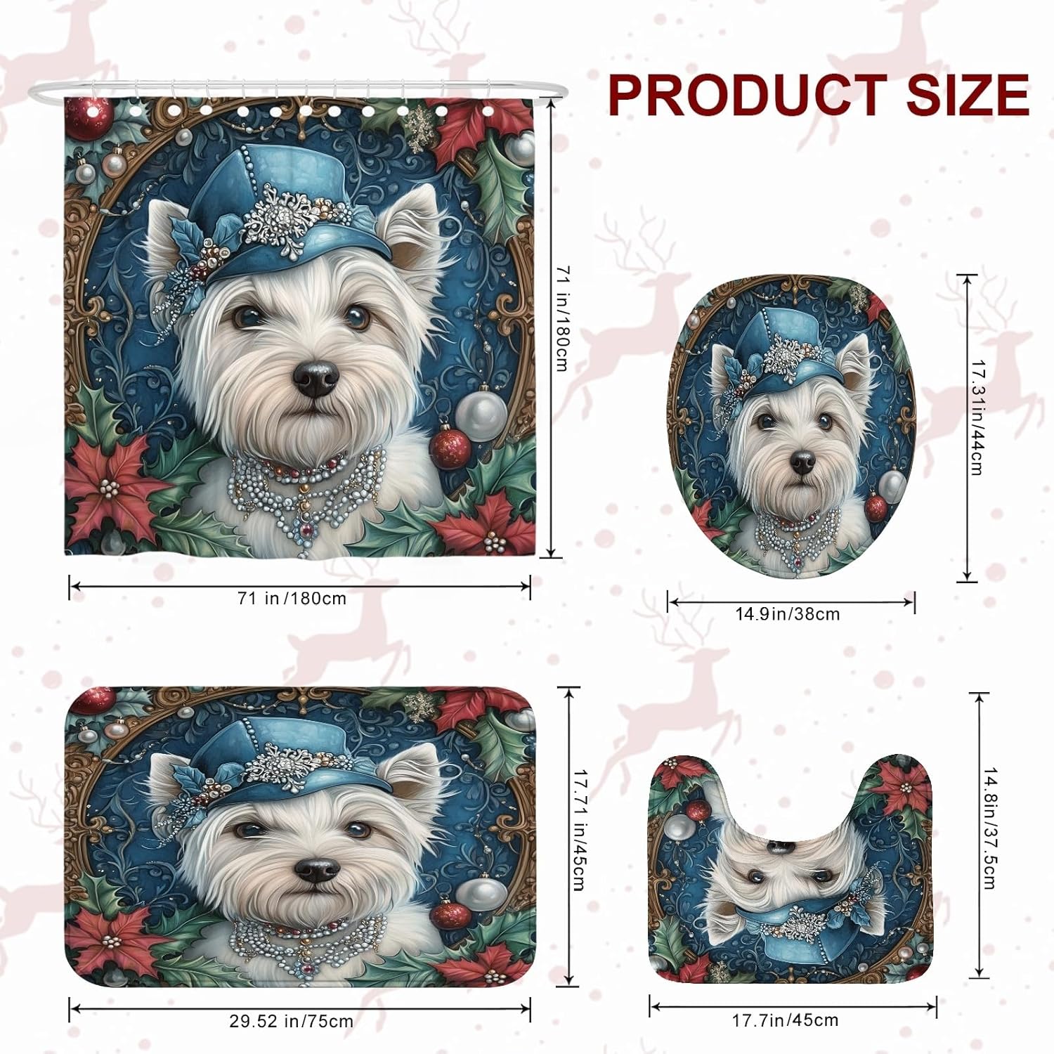 4PCS Vintage Christmas Westie Dog Bathroom Sets, Bath Accessory with Non-Slip Rug, U Shape Toilet Lid Cover Mat, Retro Xmas Puppy Bathroom Decor-72''x72''