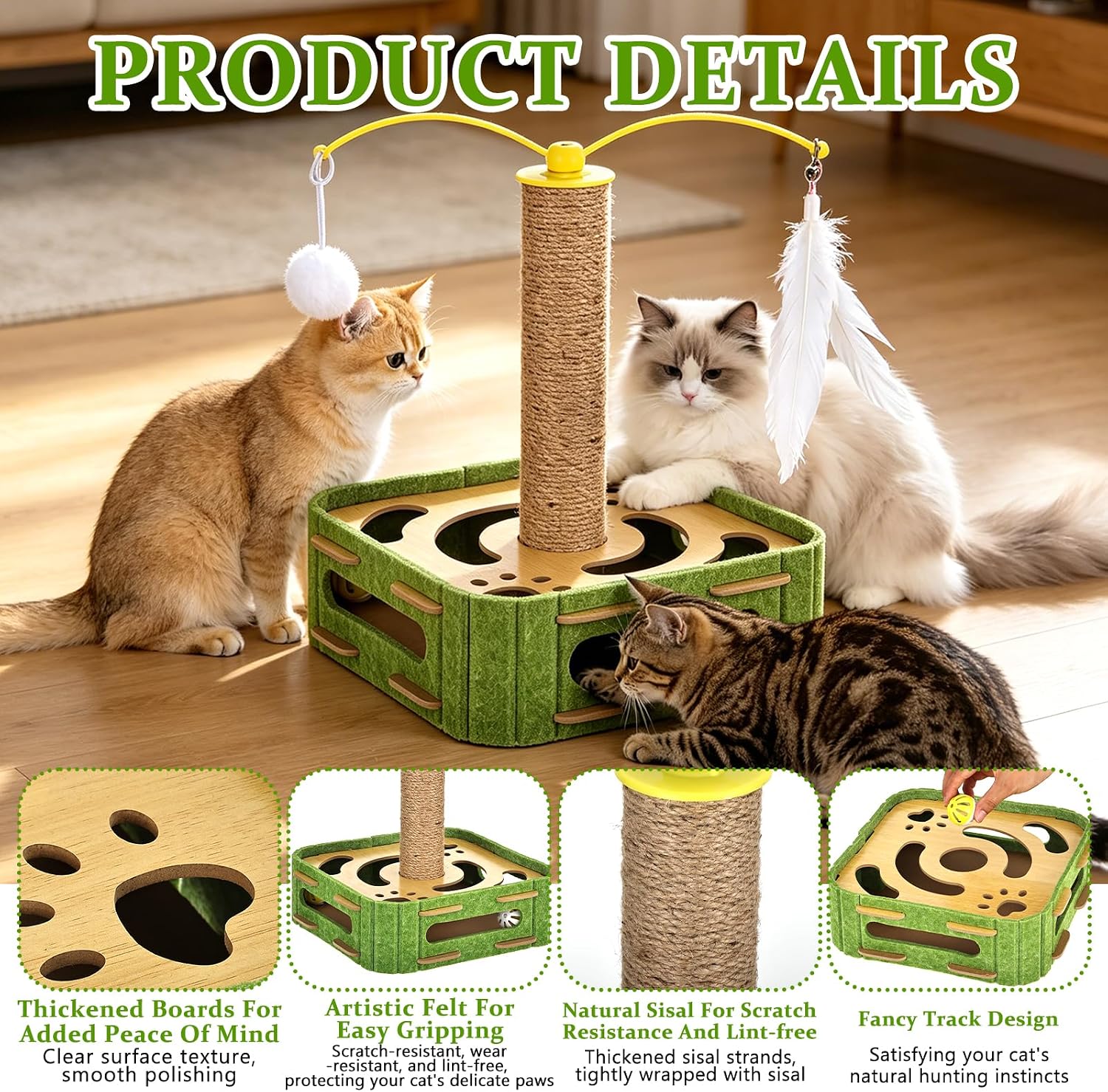 Cat Nail File Scratcher, Multifunctional Cat Puzzle Toy Set with Solid Wood Panel, Sisal Scratching Post, Feather Teaser & Bell Balls, Play Box for Kittens & Adult Felines