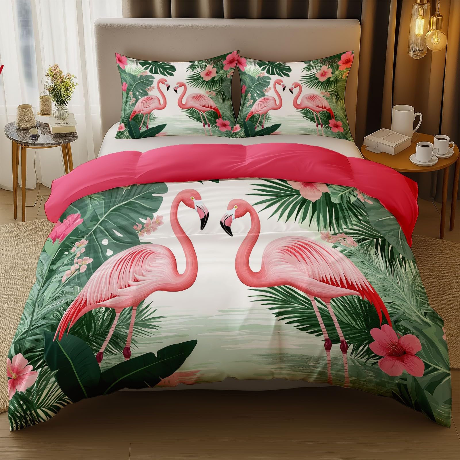 Housse de Couette Flamants Roses 100% Microfibre Parure de Lit Réversible 90 x 190 cm