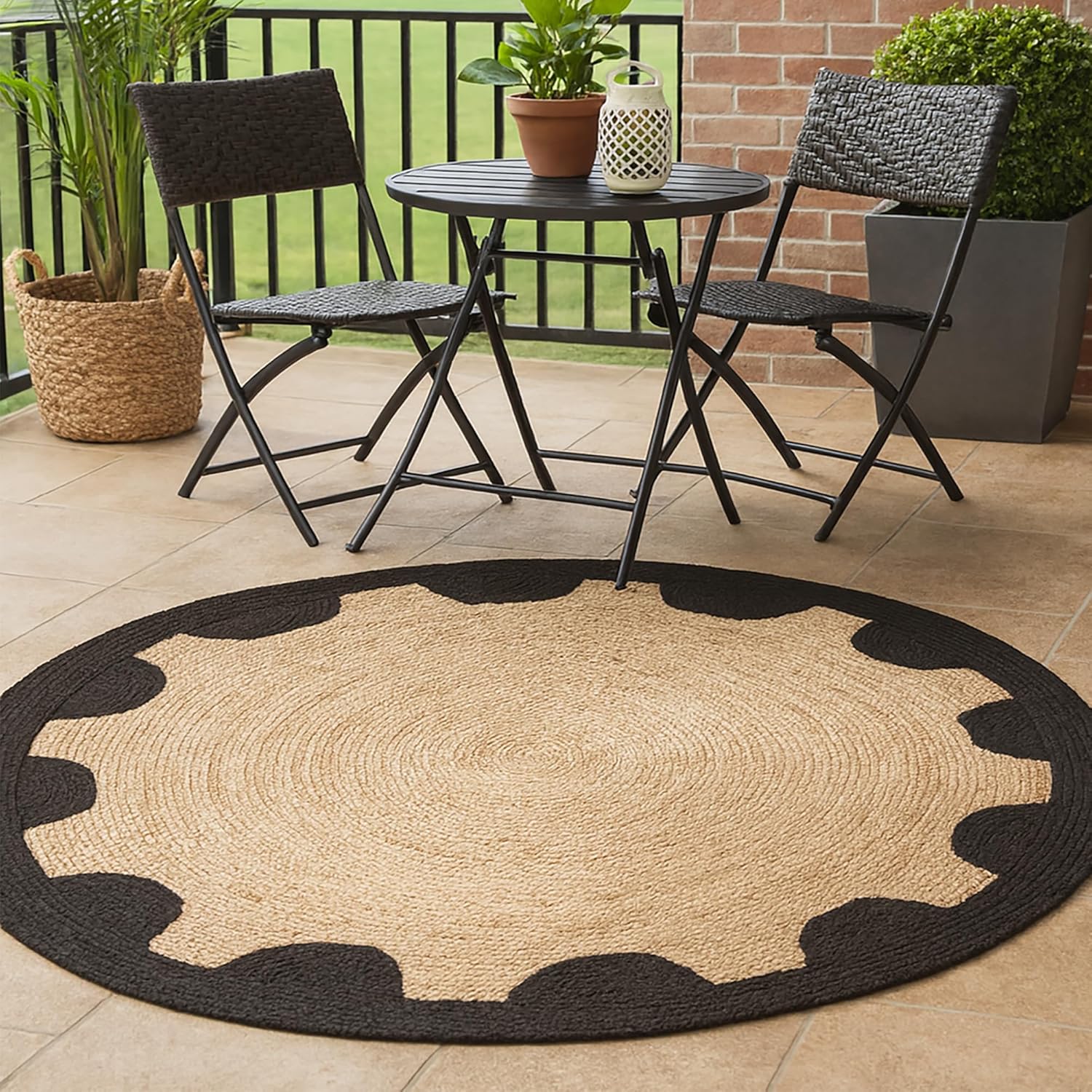 Hand Woven Round Jute Braided Rug 6' Round Natural Fibers - Braided Design Jute Carpet Thick 0.27" Indian Boho Indoor Outoor Use Flatweave Geometric Pattern Rug for Living Room Doormat Home Décor